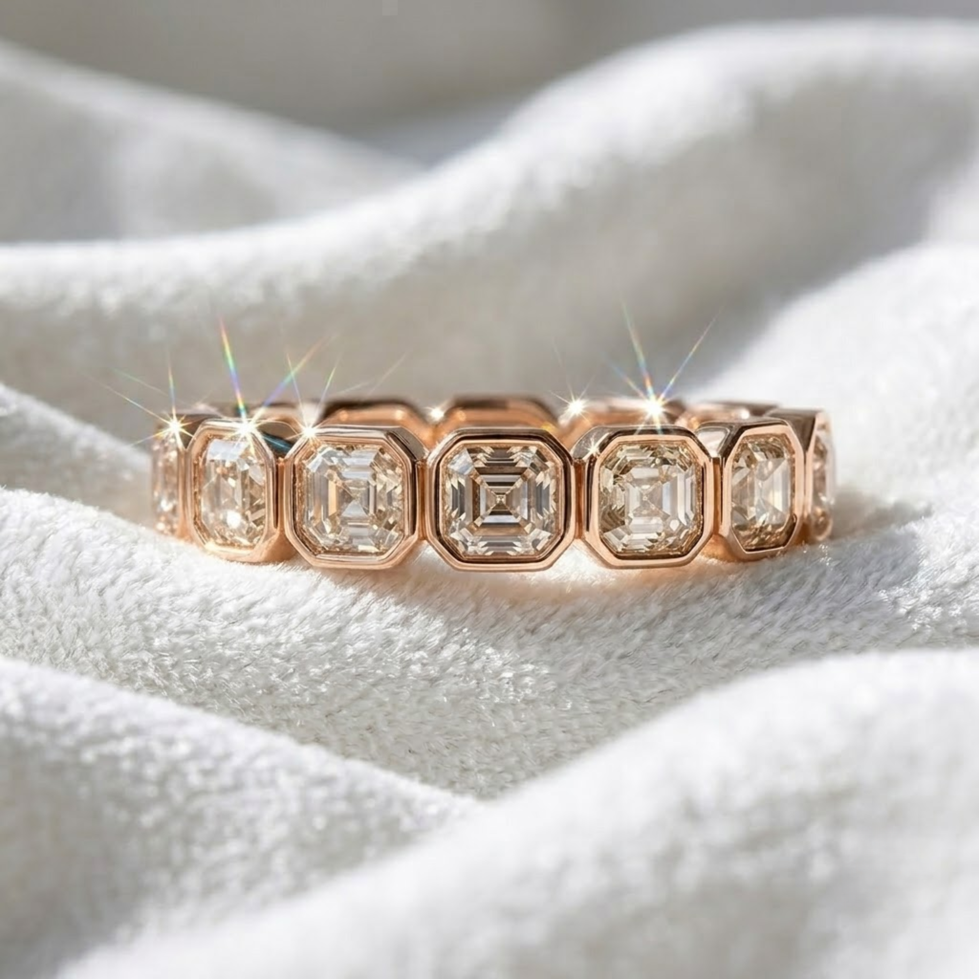 14K Gold Bezel Set Asscher Cut Lab Grown Wedding Band for Women