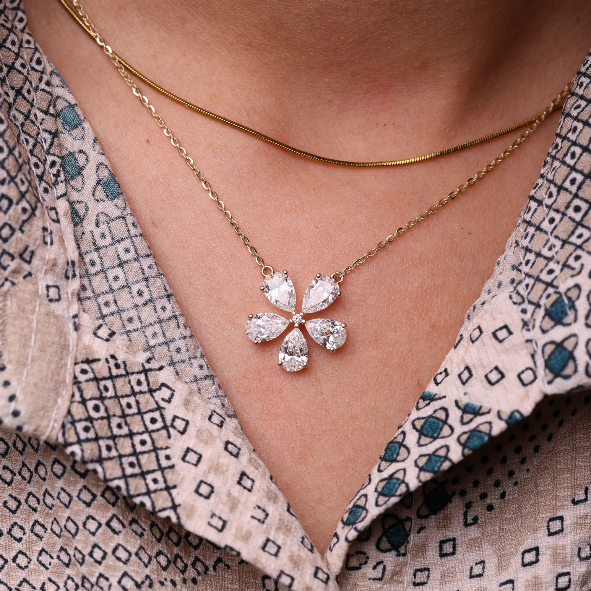 14K Gold Pear Shape Lab Grown Diamond Flower Shape Pendant