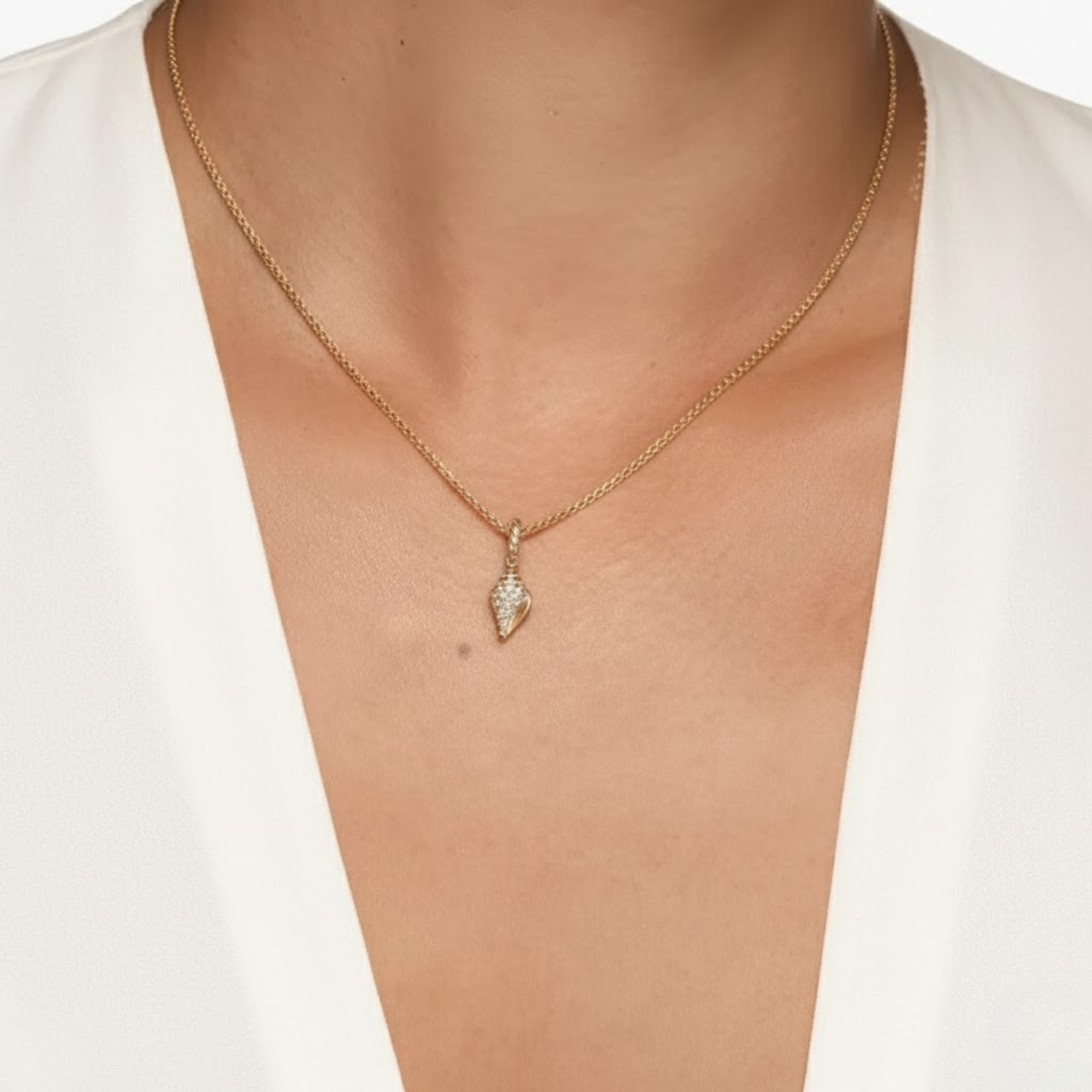 14K Solid Gold Seashell Pendant with Lab Diamond