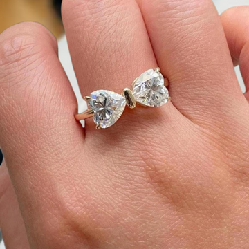 14k Yellow Gold Band Amazing Bow Diamond Ring, 2 Lab Heart Shape Diamonds Designed as a Bow