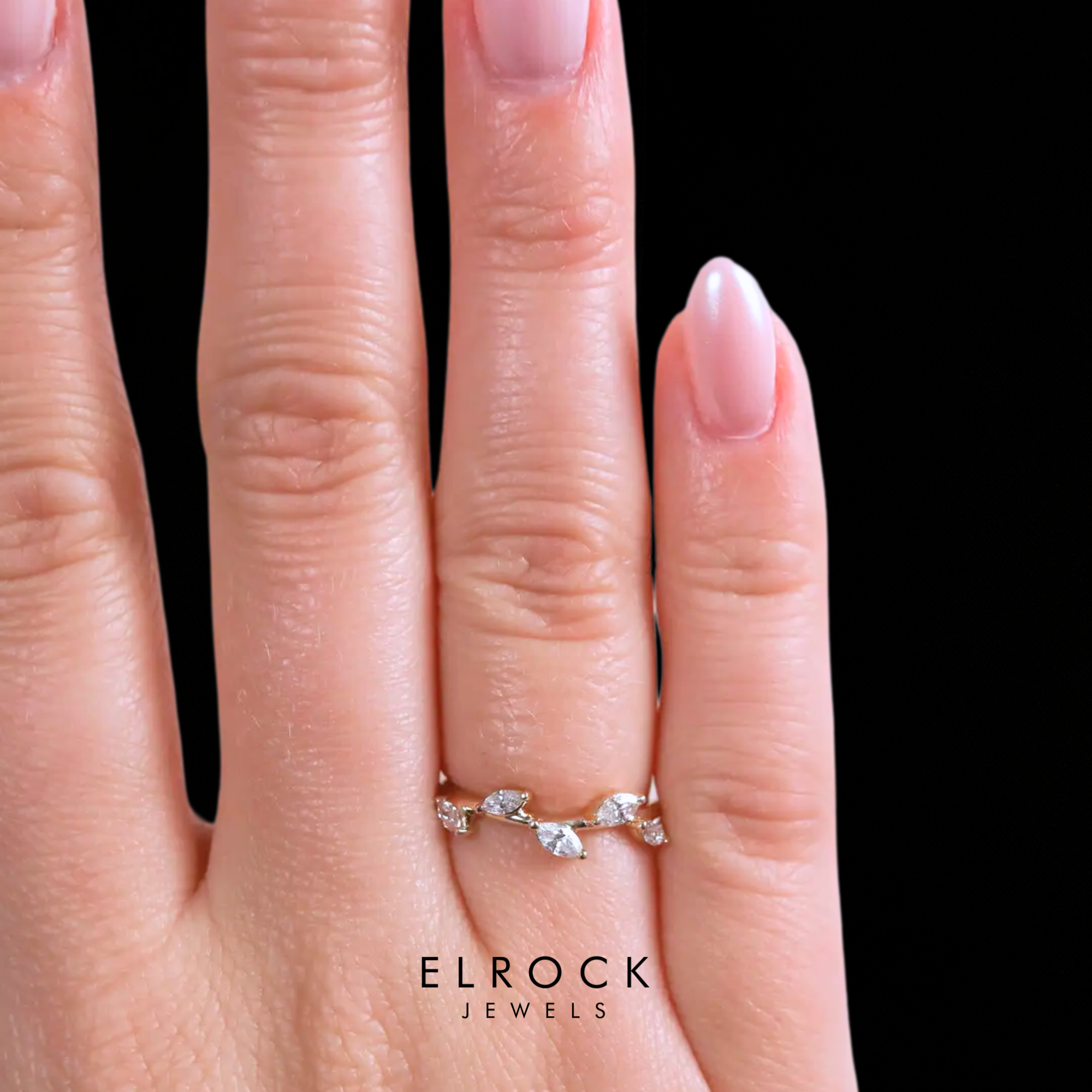Solid Gold Floral Ring, Marquise Diamond Ring