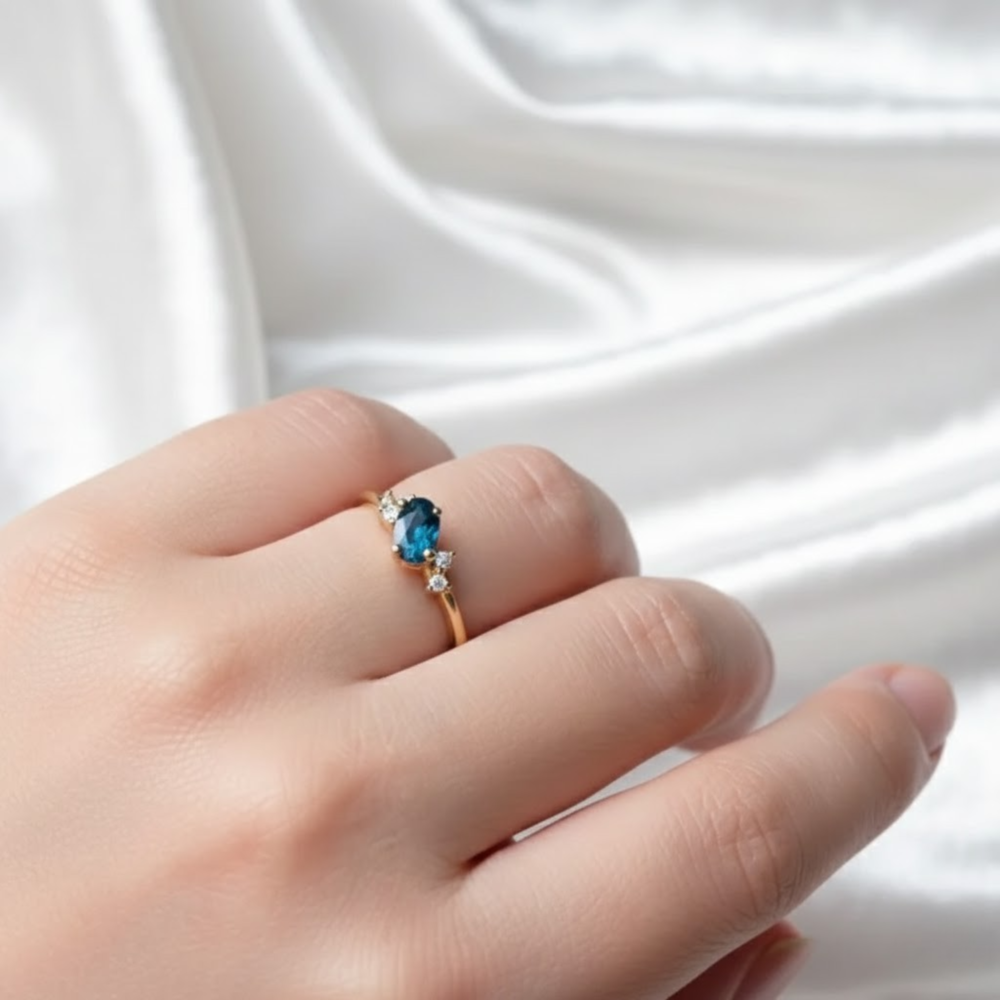 14K Gold Blue Sapphire Oval Teal Engagement Ring