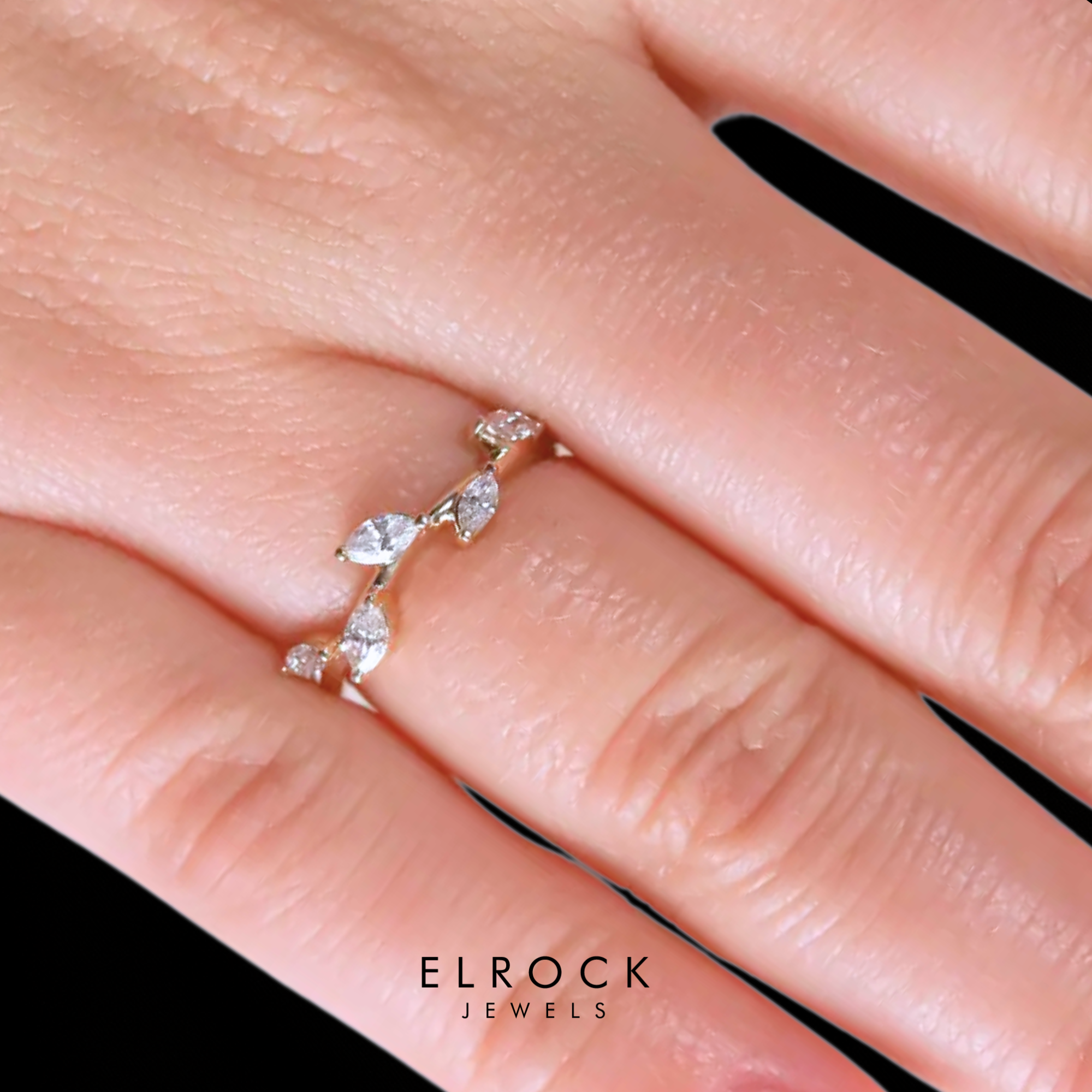 Solid Gold Floral Ring, Marquise Diamond Ring
