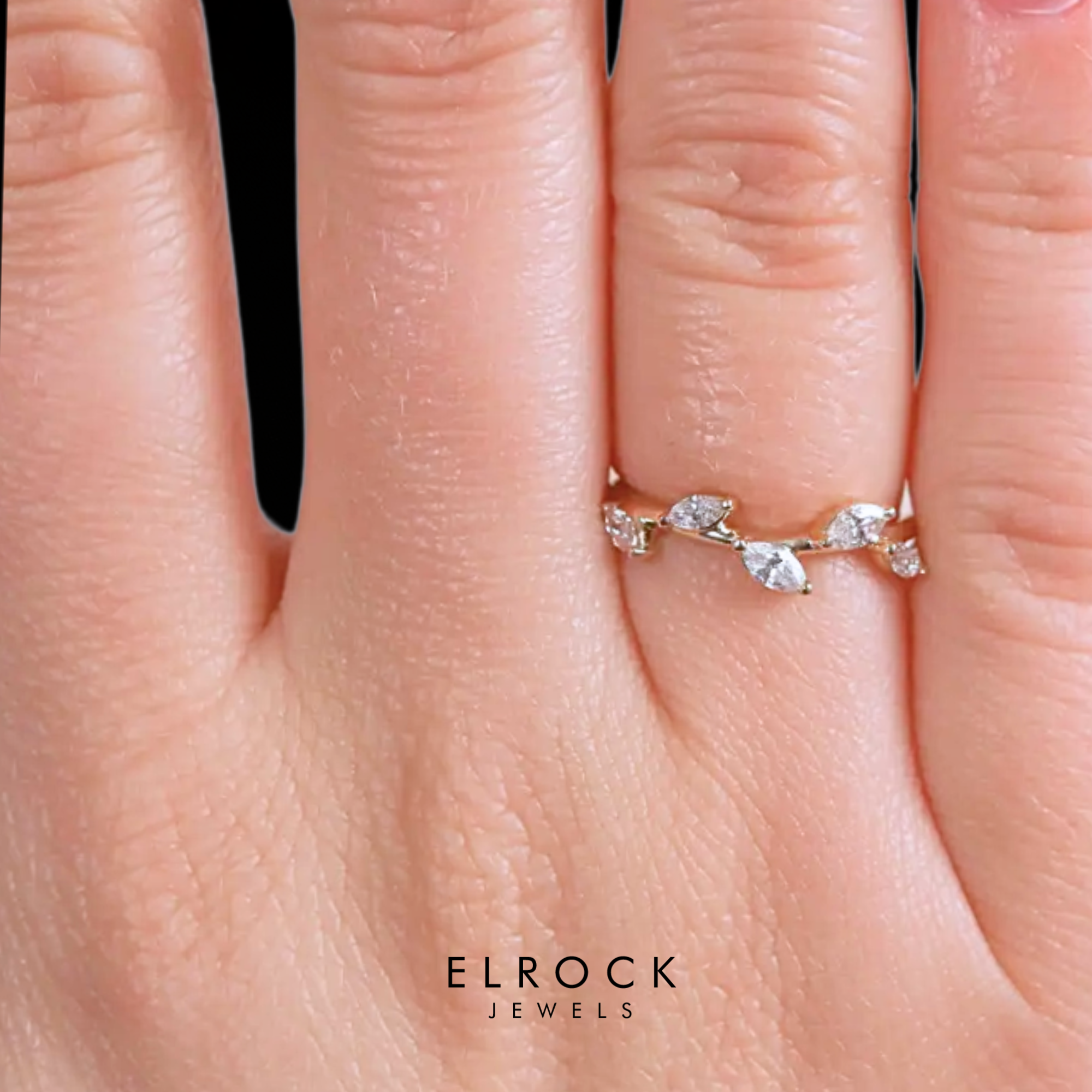 Solid Gold Floral Ring, Marquise Diamond Ring