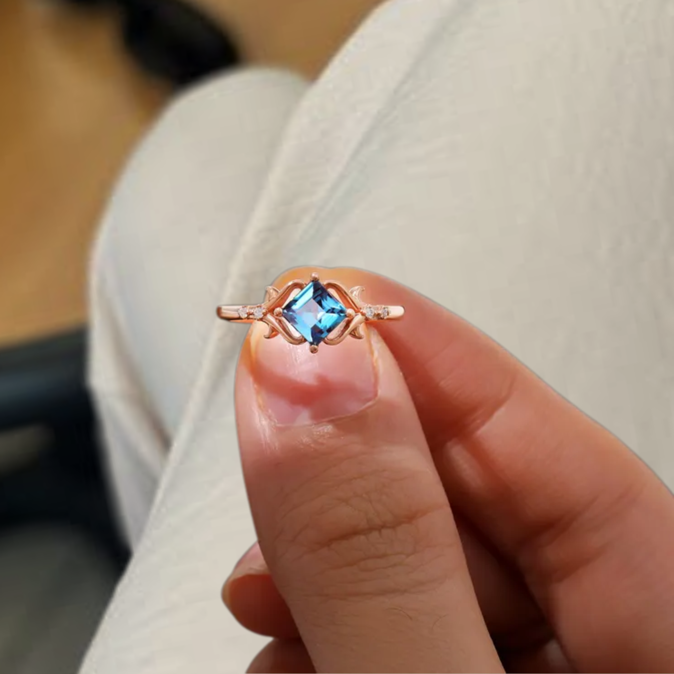 14K Rose Gold Five Stone Bridal Ring, Princess Cut Blue Alexandrite Engagement Ring.