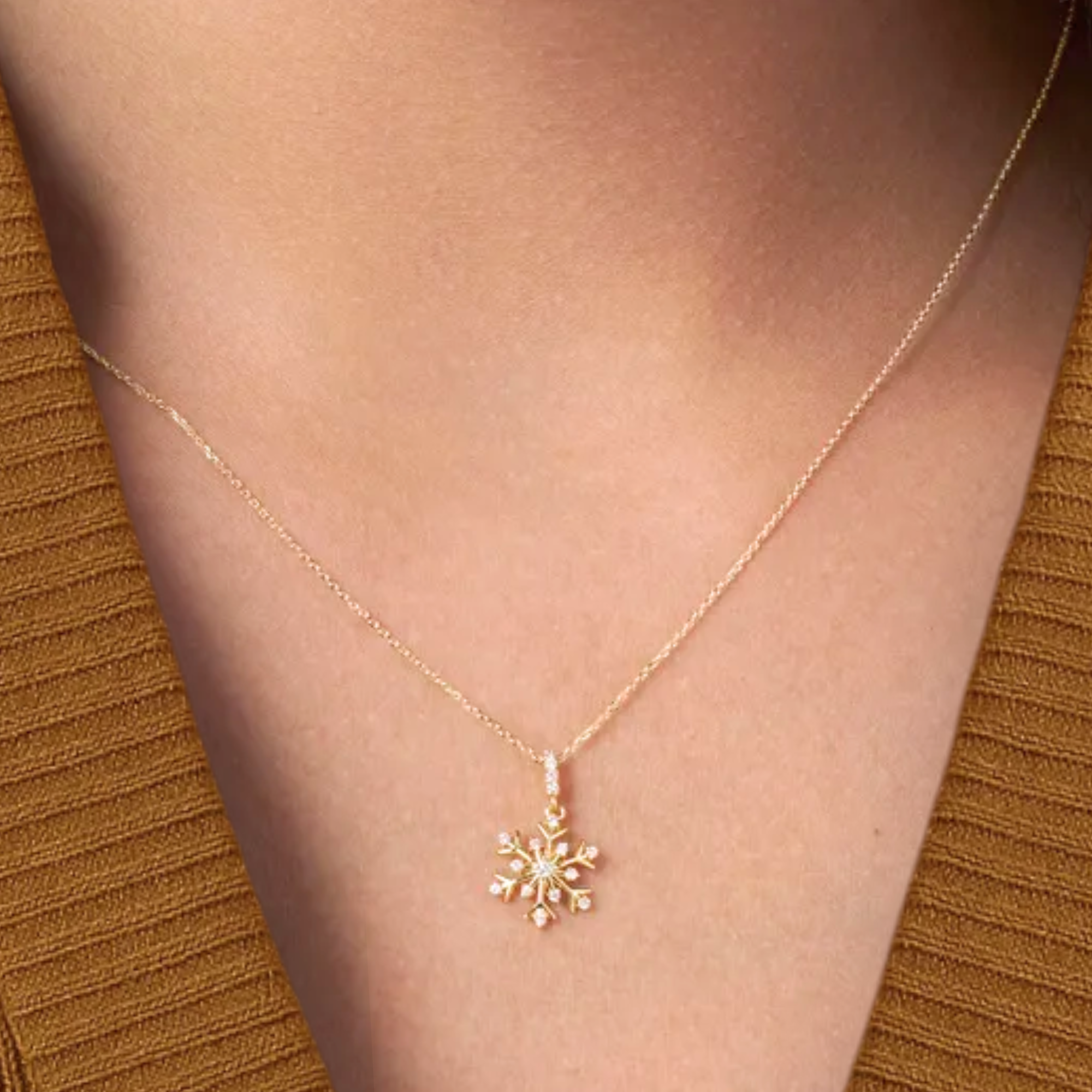 14K Yellow Gold Diamond Snowflake Necklace