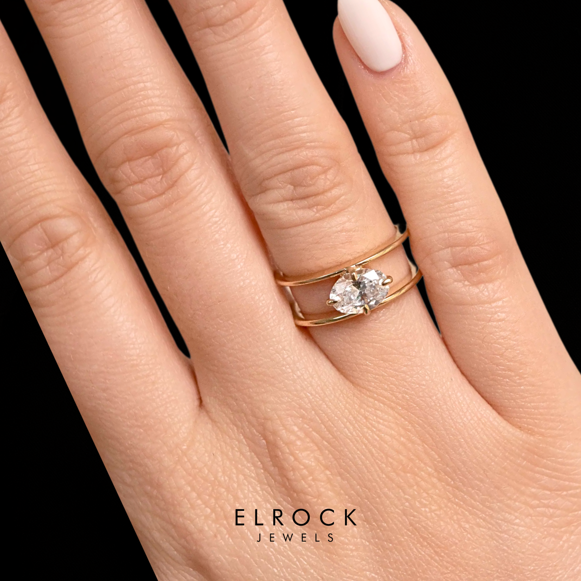 14K Solid White gold Stacking Double band Engagement Ring