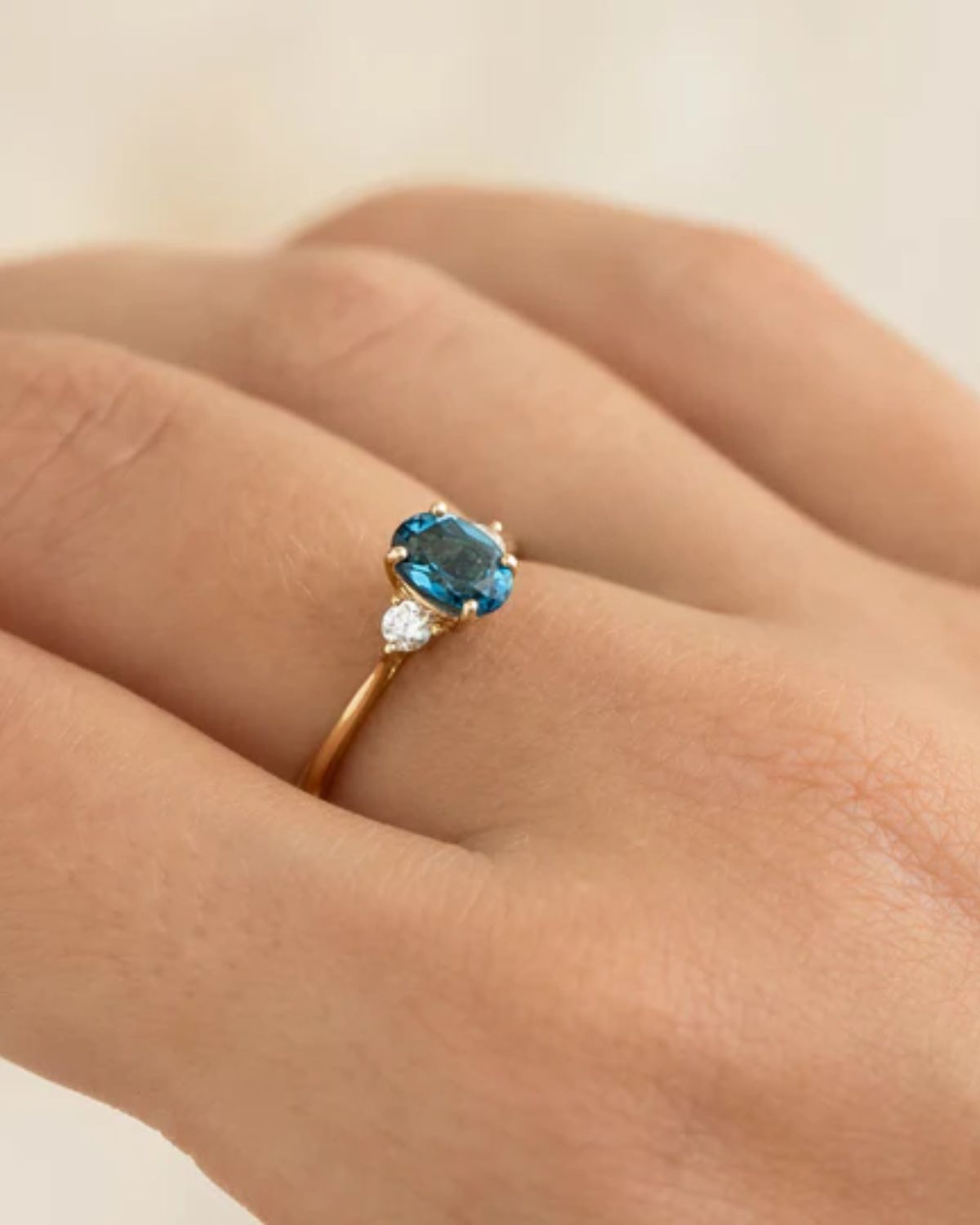 14K Solid Gold Blue Topaz Ring with Lab Grown Diamond Accent.