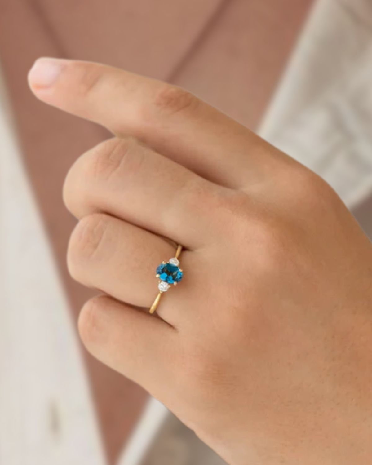 14K Solid Gold Blue Topaz Ring with Lab Grown Diamond Accent.