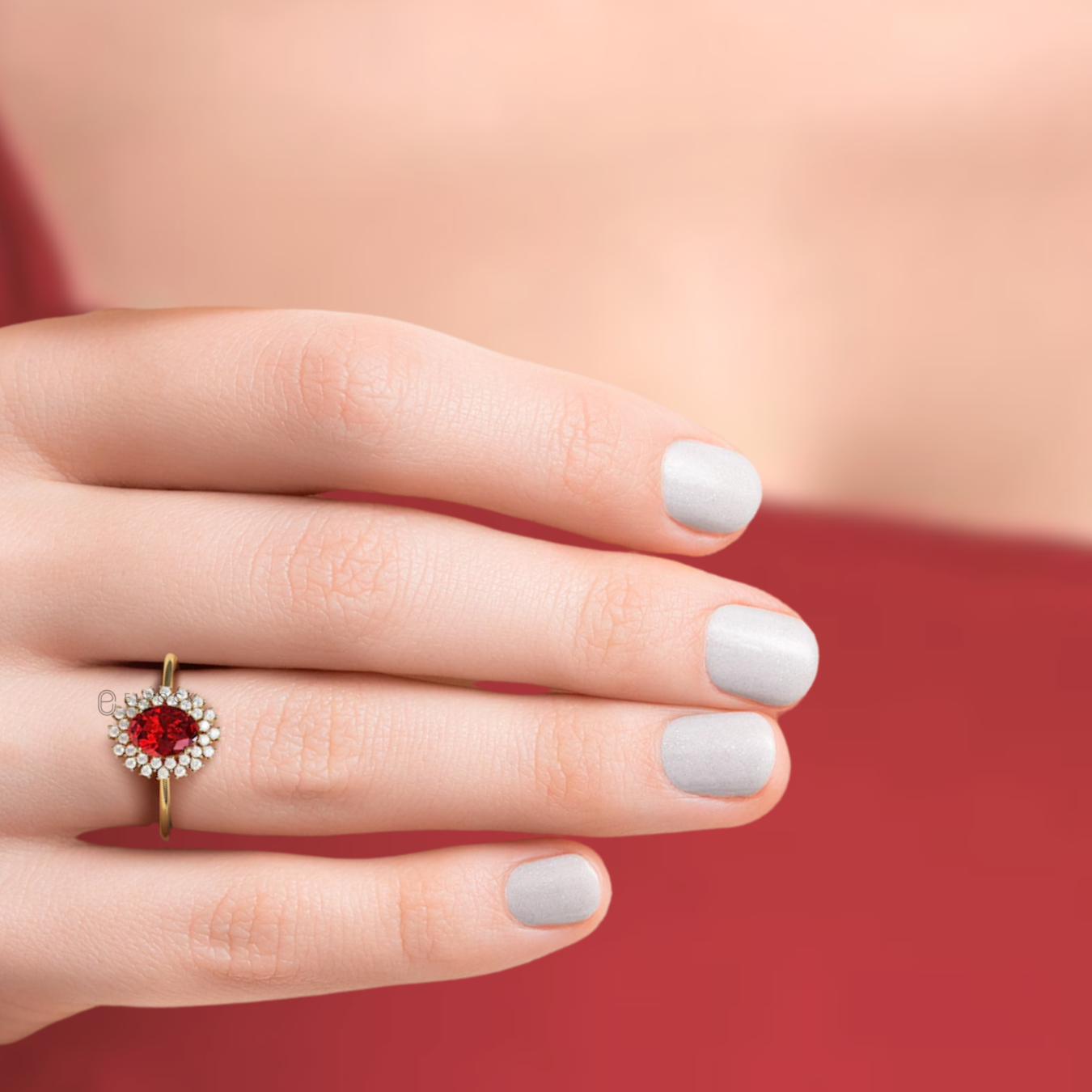 14K Princess Diana Inspired Red Ruby Gemstone Diamond Halo Engagement Ring