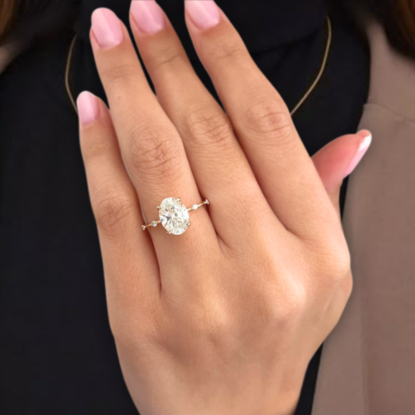 14K Gold 2 CT Oval Diamond Thin Elongated Oval Diamond Ring