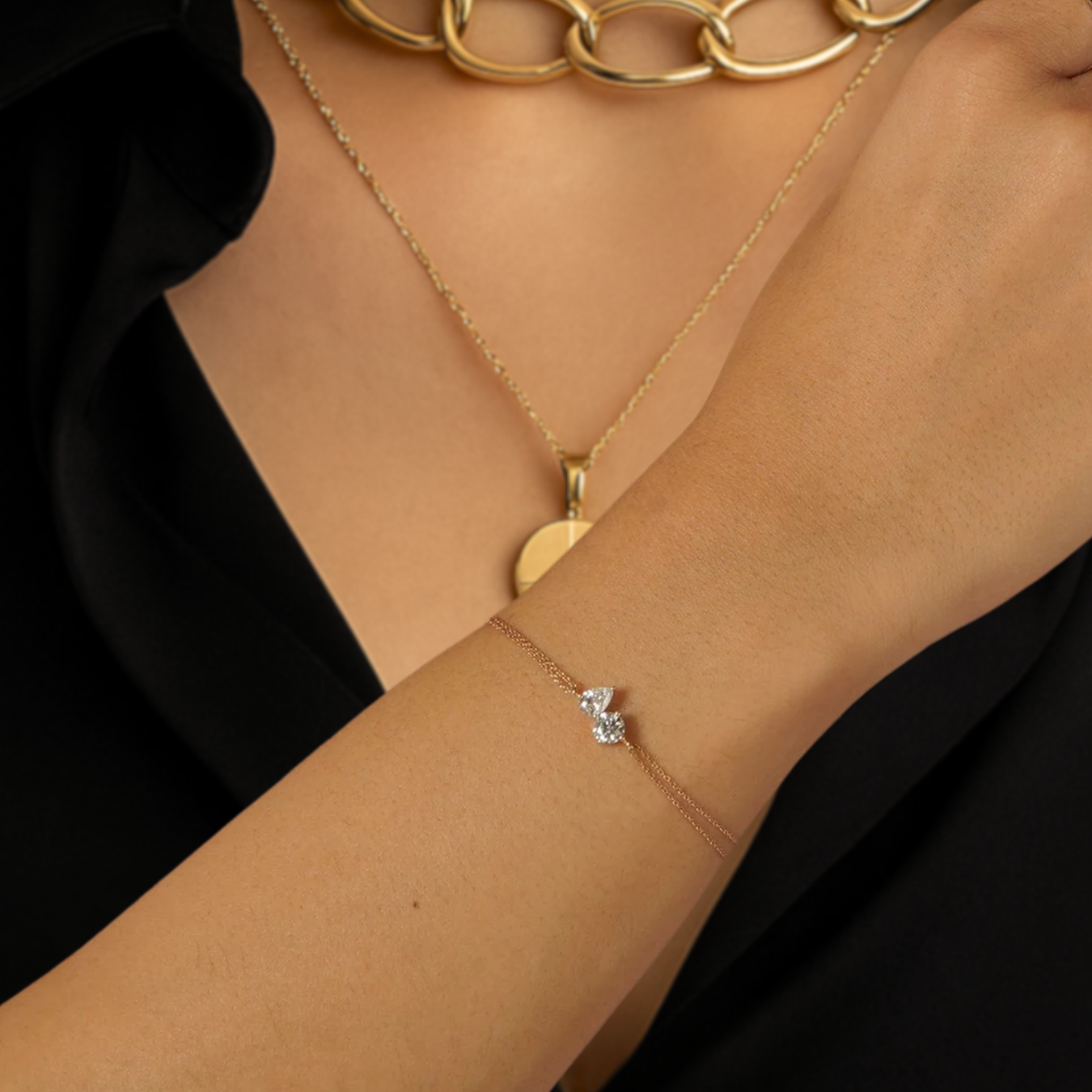 14K Gold Pear & Round Diamond Bracelet