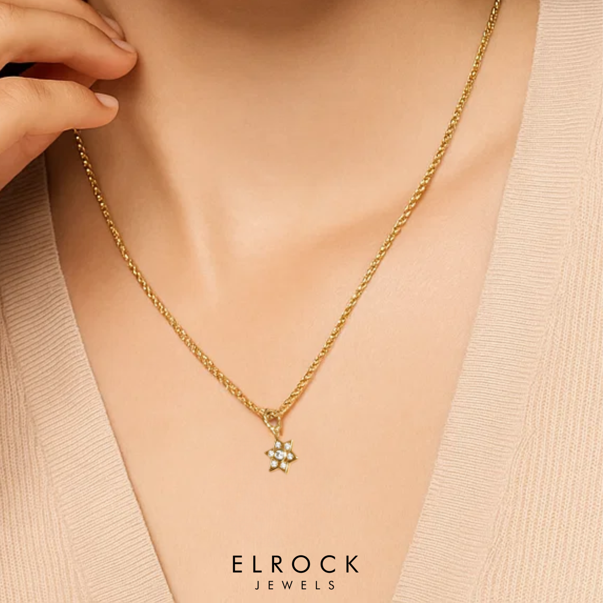 14K Solid Gold Star Diamond Pendant Necklace
