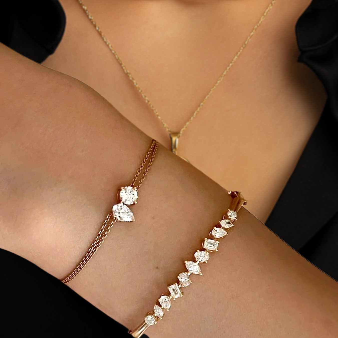 14K Gold Pear & Round Diamond Bracelet For Her