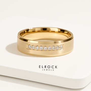 6mm Solid Gold Men's Nine-Stone Diamond Wedding Band with Beveled Edges 14k, Solid Gold Wedding Rings for Men