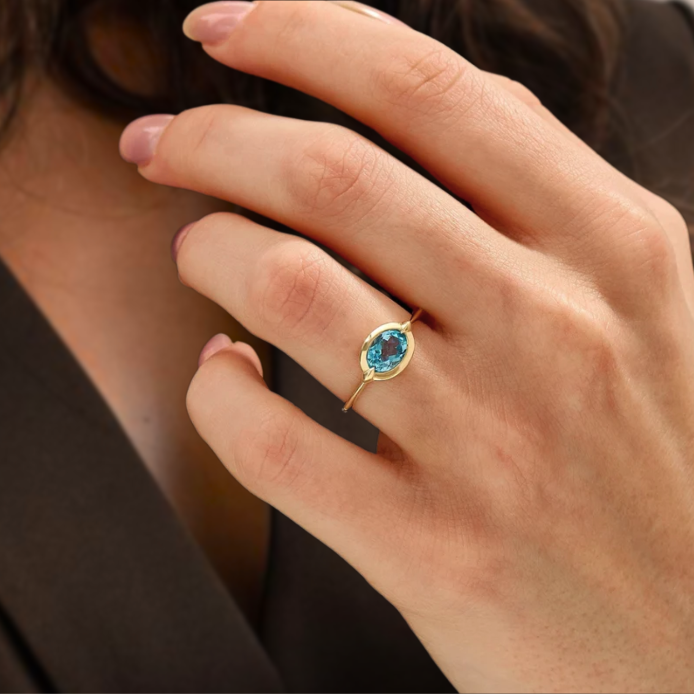 Solid Gold Bezel Topaz Ring, Chunky Blue Topaz Anniversary Ring