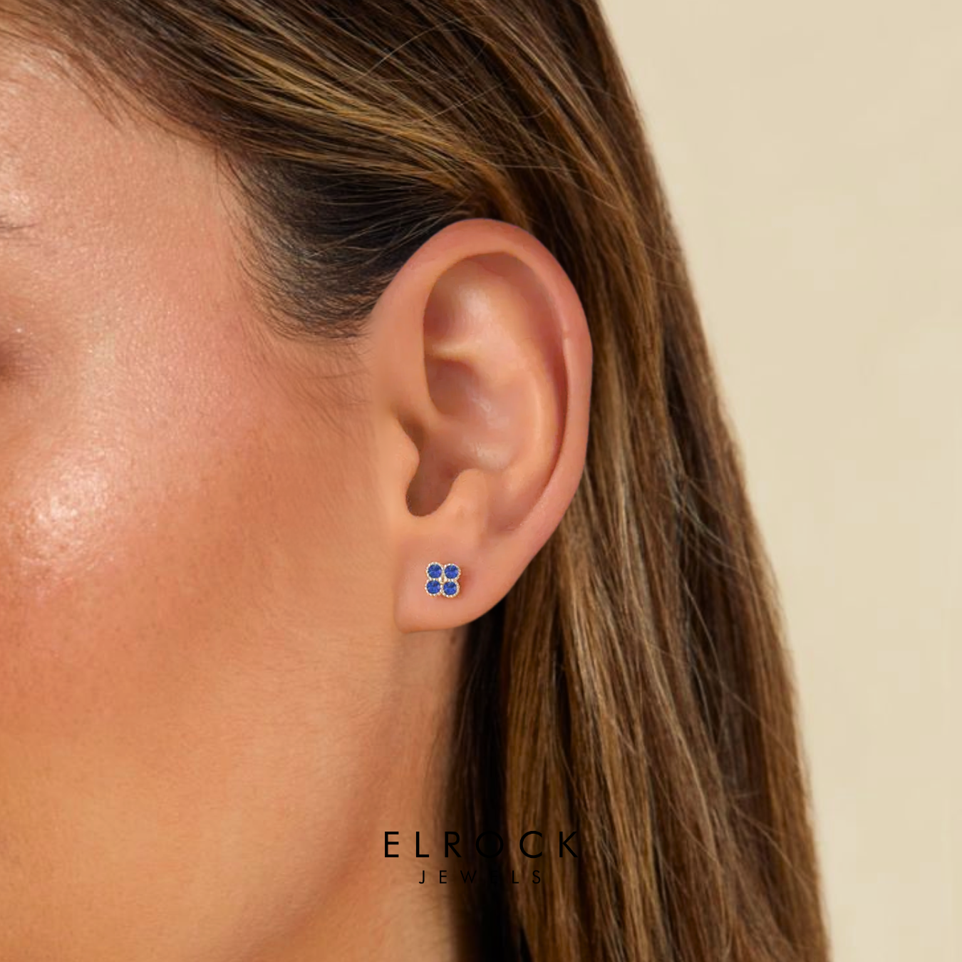14K Solid Gold Sapphire Flower Clover Stud Earrings
