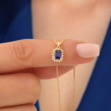 Sapphire Surrounded By Lab grown Diamond Necklace | 14K Solid Gold Pendant