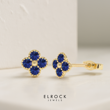 14K Solid Gold Sapphire Flower Clover Stud Earrings, Sapphire Clover Studs