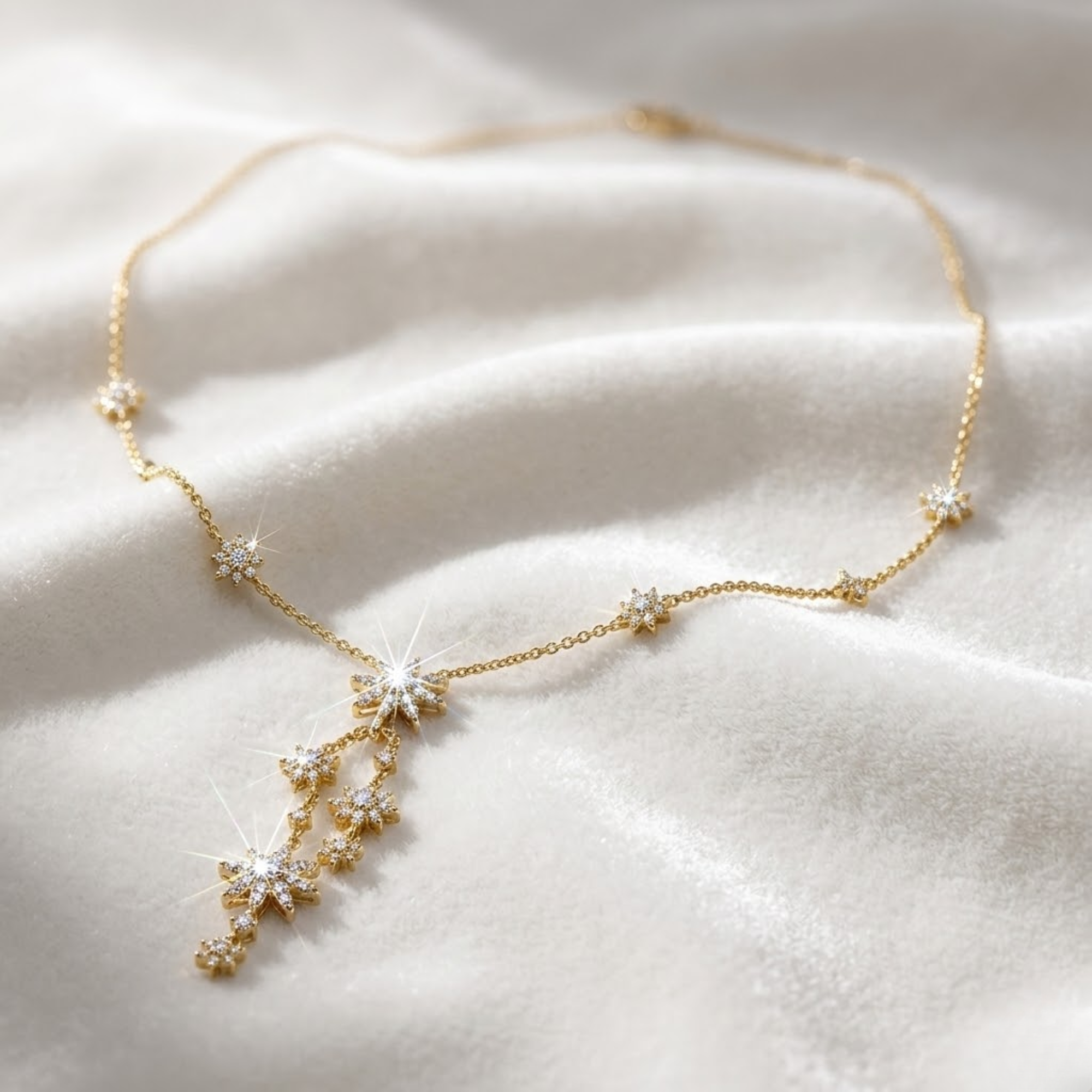 14K Starburst Cluster Necklace, Dainty Star Drop Necklace for Women