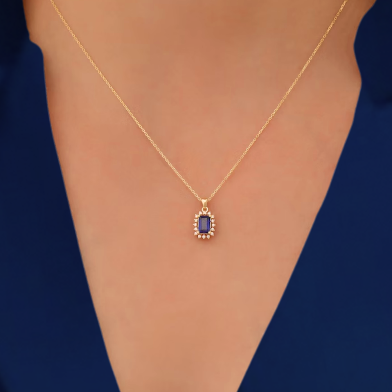 14K Sapphire Surrounded by Lab grown Diamond Necklace
