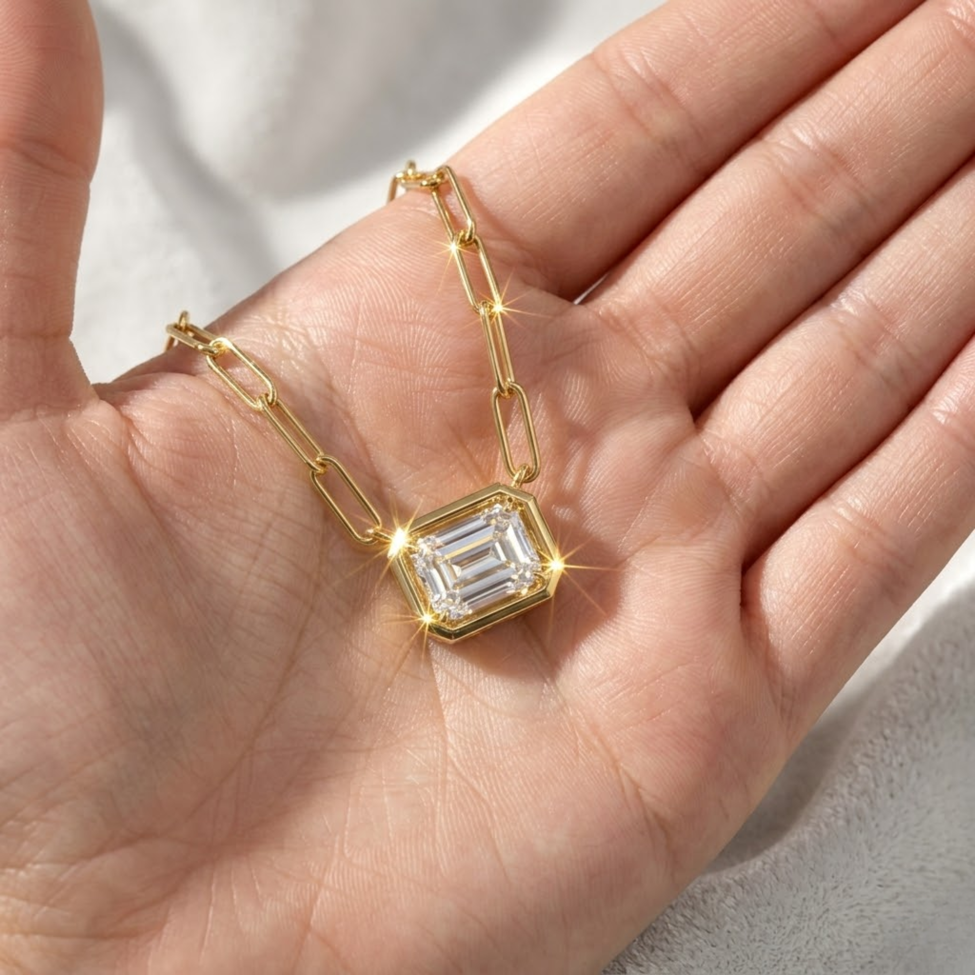 14K East West Emerald Lab Grown Diamond Bezel Necklace