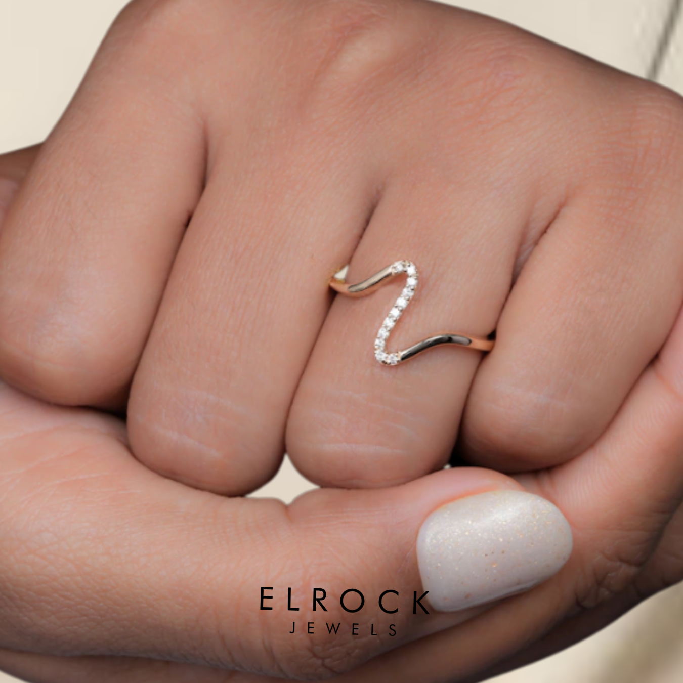 Diamond Wave Ring, Dainty Curved Stacking Band