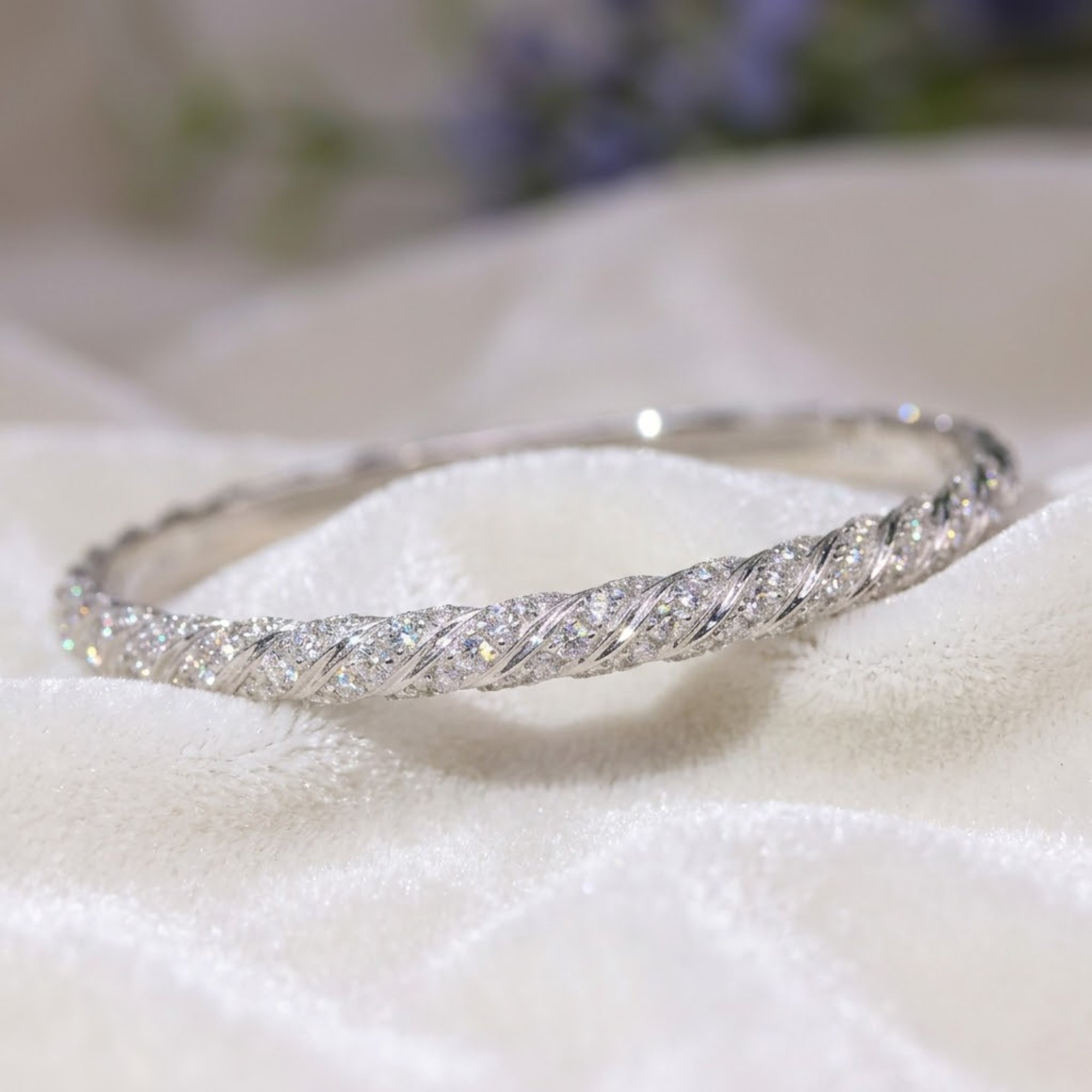 14K Gold Dainty Cable Bangle, Lab Grown Diamond Twisted Bangle