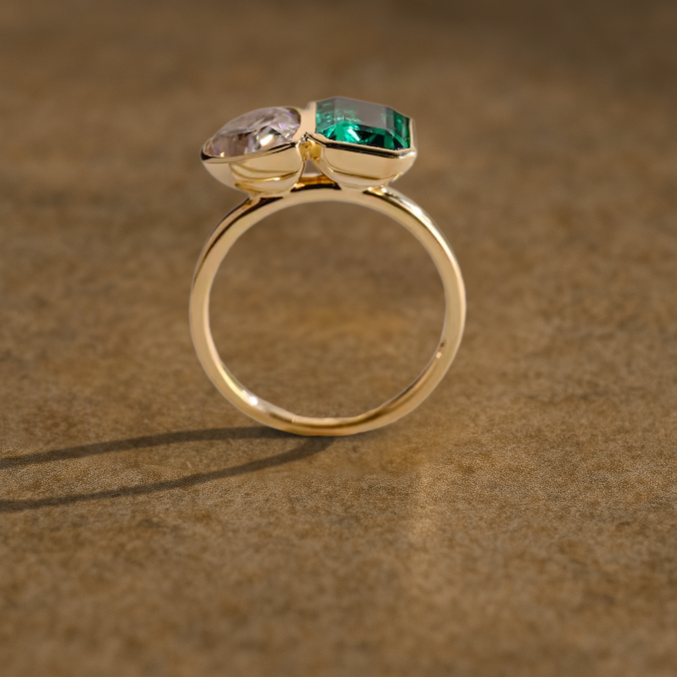 14K Solid Gold Toi et Moi Ring, Bezel Set Lab Grown Pear & Emerald Engagement Ring