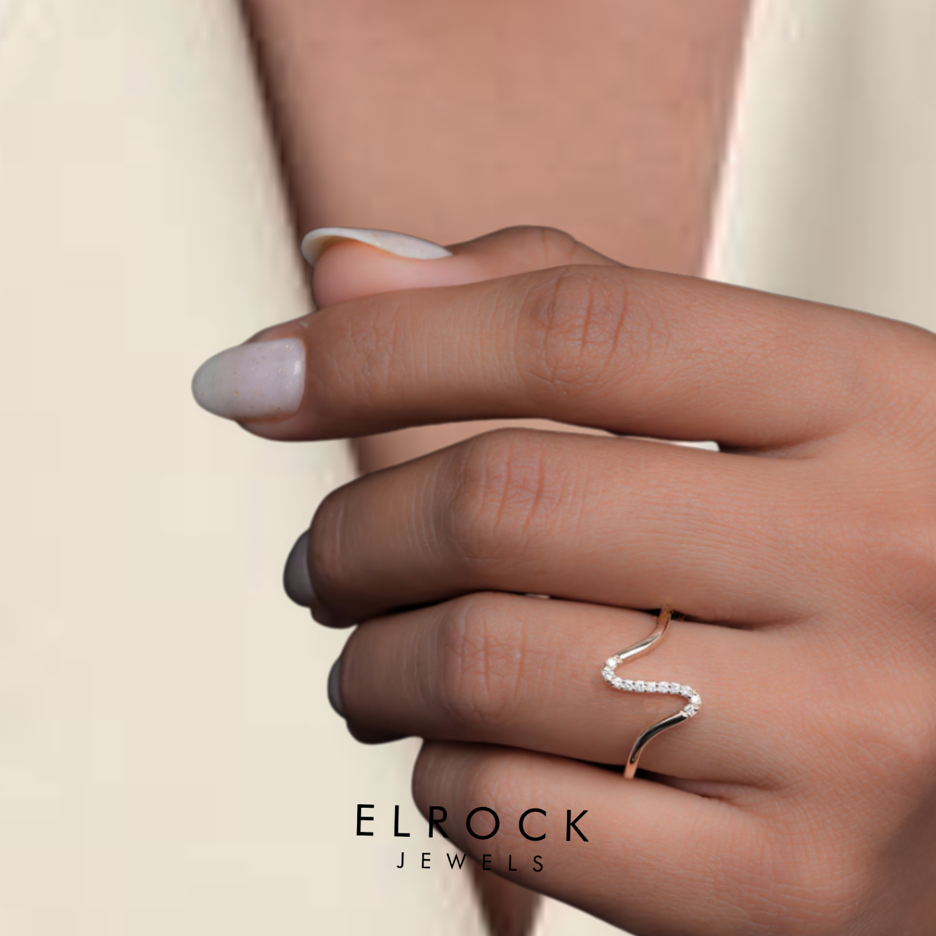 Diamond Wave Ring, Dainty Curved Stacking Band