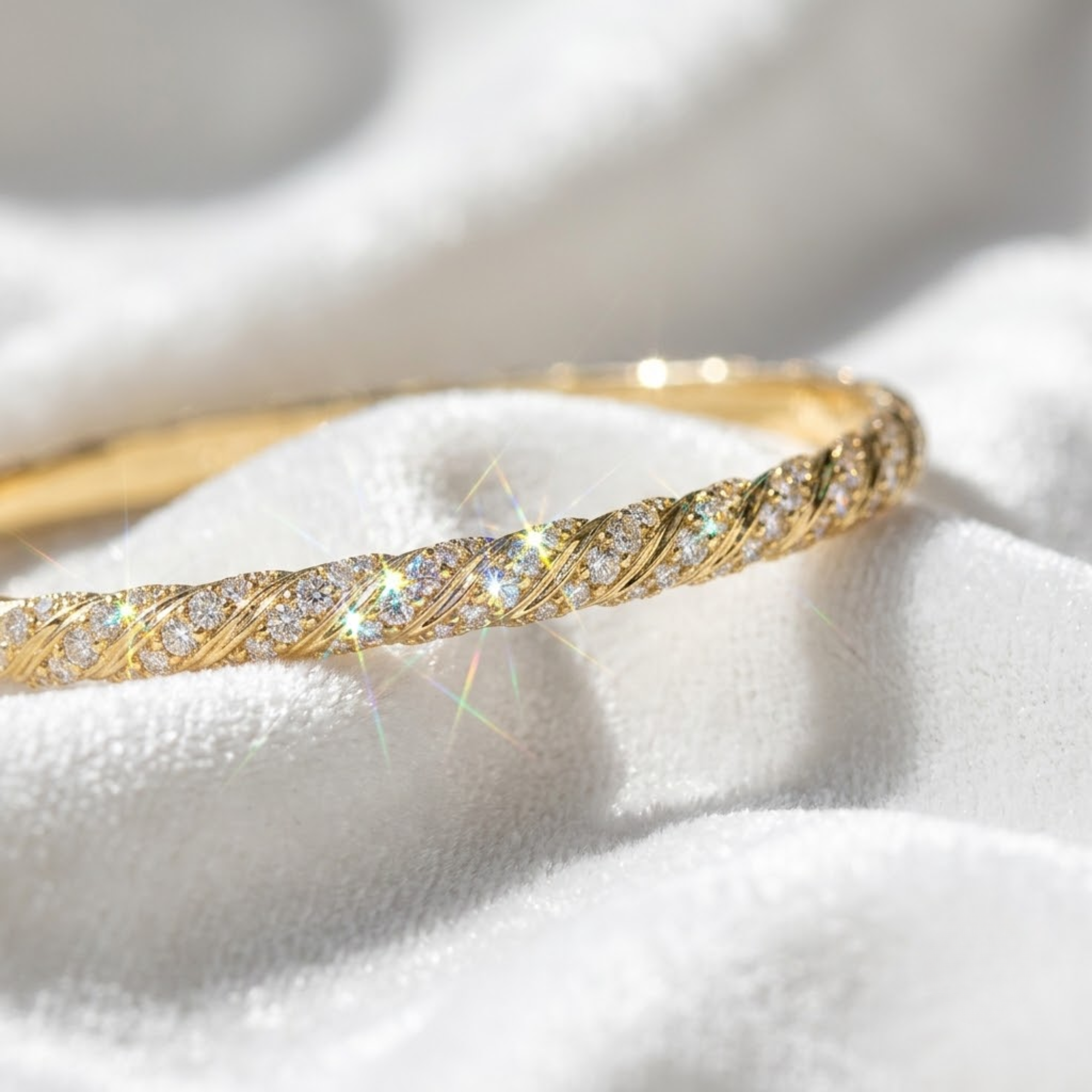 14K Gold Dainty Cable Bangle, Lab Grown Diamond Twisted Bangle