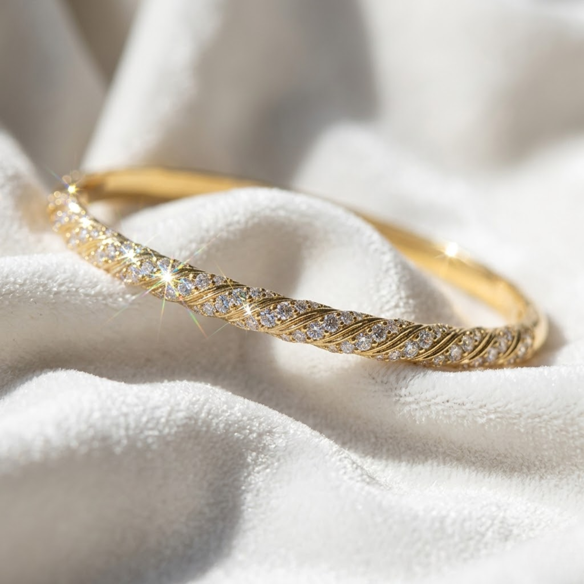 14K Gold Dainty Cable Bangle, Lab Grown Diamond Twisted Bangle