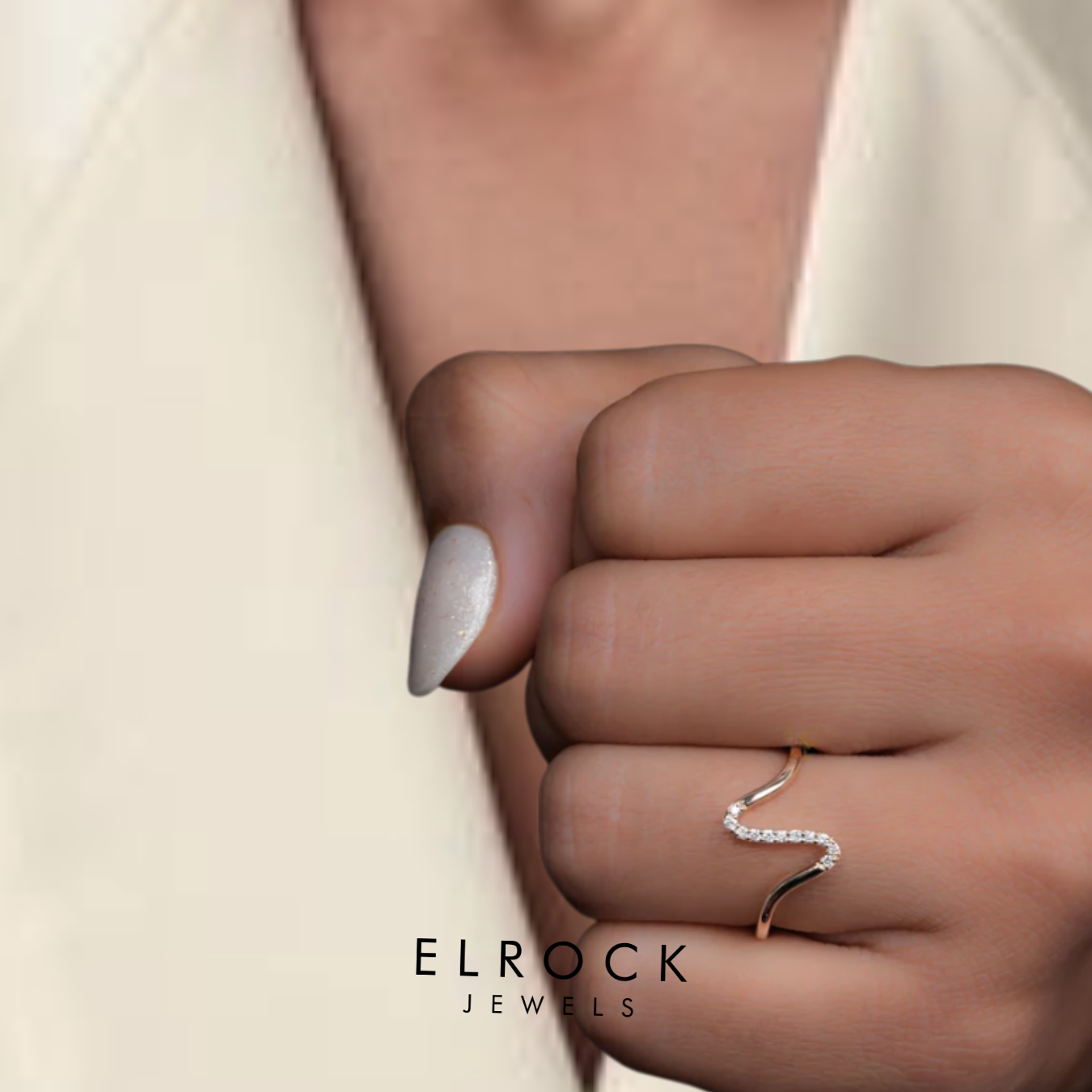 Diamond Wave Ring, Dainty Curved Stacking Band