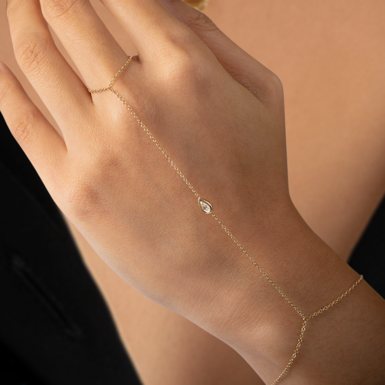 Diamond Solitaire Ring Bracelet, 14K Gold Hand Chain Diamond Bracelet