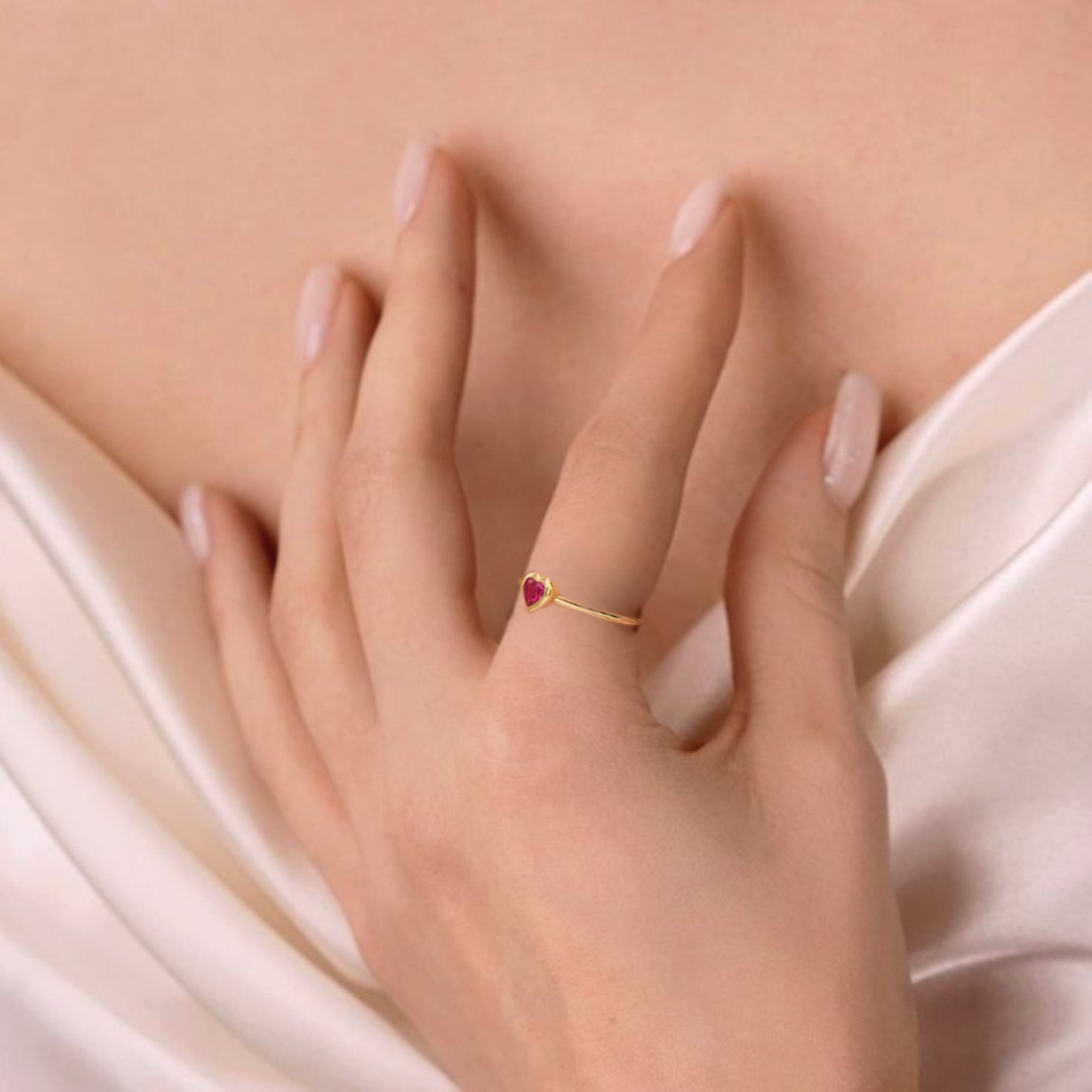 14k Gold Tiny Heart Ring, Solid Gold Ruby Bezel Pinky Promise Ring