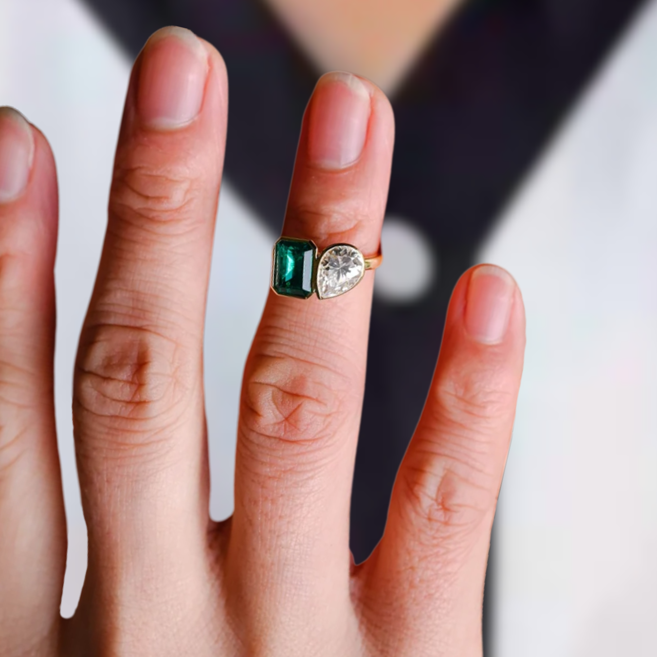 14K Solid Gold Toi et Moi Ring, Bezel Set Lab Grown Pear & Emerald Engagement Ring
