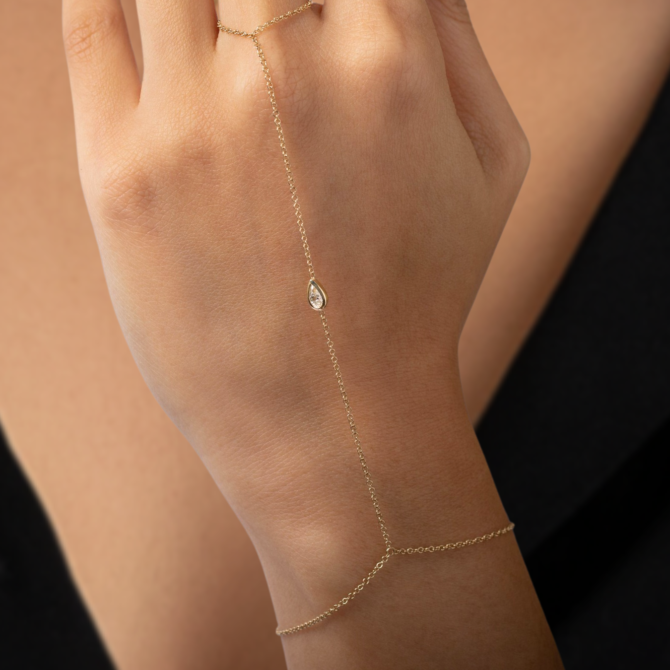 Diamond Solitaire Ring Bracelet, 14K Gold Hand Chain Diamond Bracelet