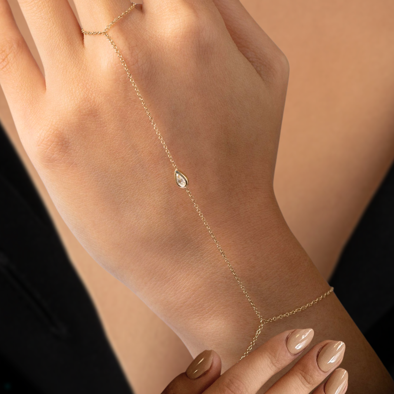 Diamond Solitaire Ring Bracelet, 14K Gold Hand Chain Diamond Bracelet