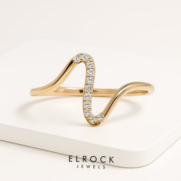 14k Gold Diamond Wave Ring, Dainty Curved Stacking Band, Minimalist Trendy Jewelry