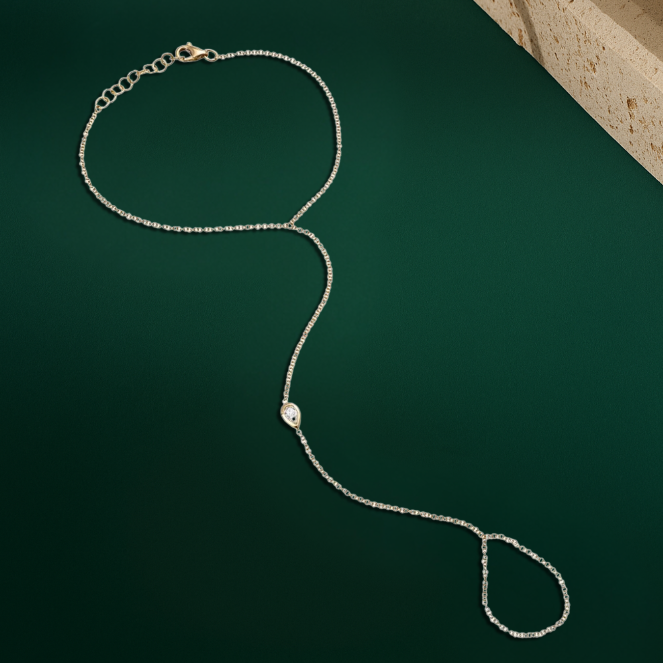 Diamond Solitaire Ring Bracelet, 14K Gold Hand Chain Diamond Bracelet