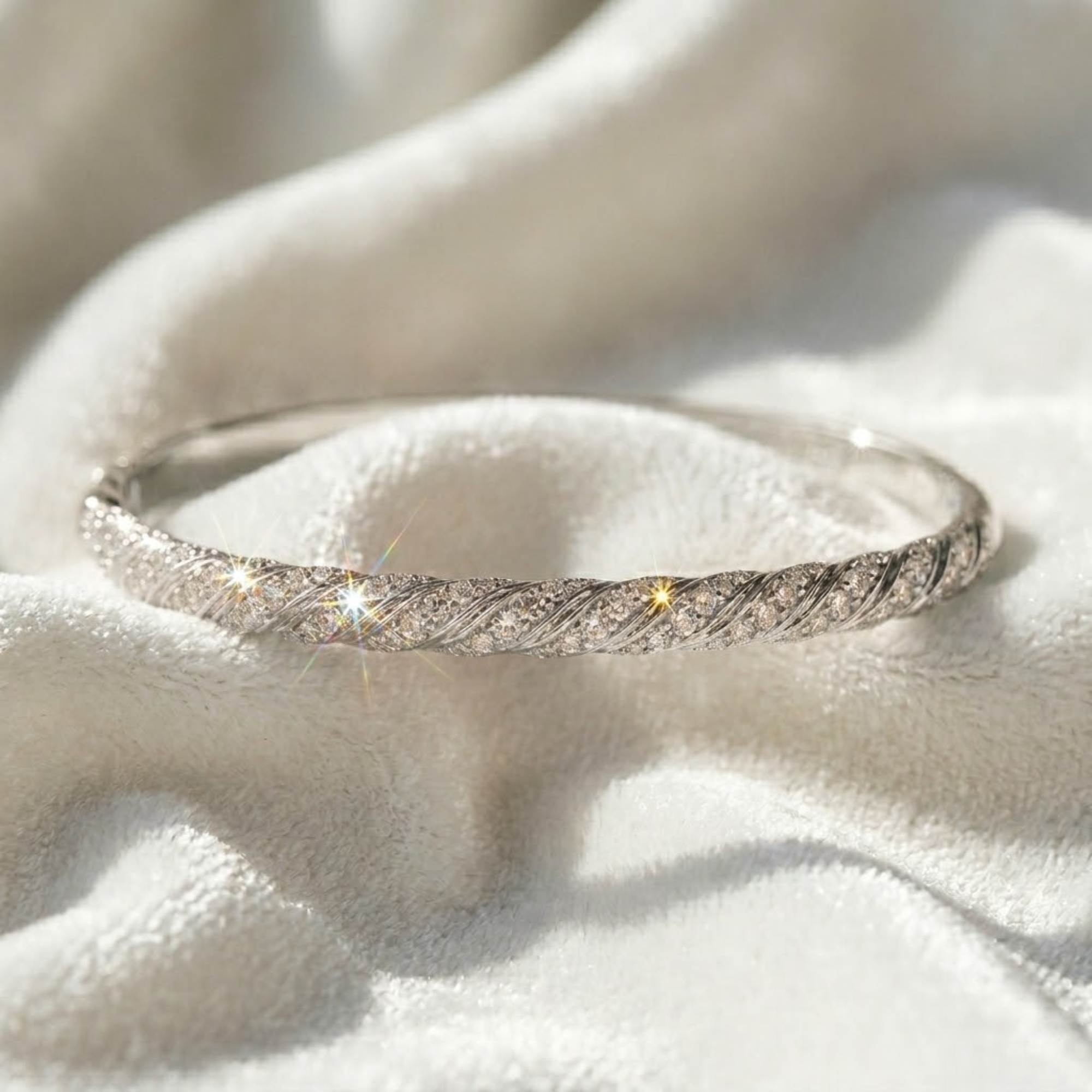 14K Gold Dainty Cable Bangle, Lab Grown Diamond Twisted Bangle