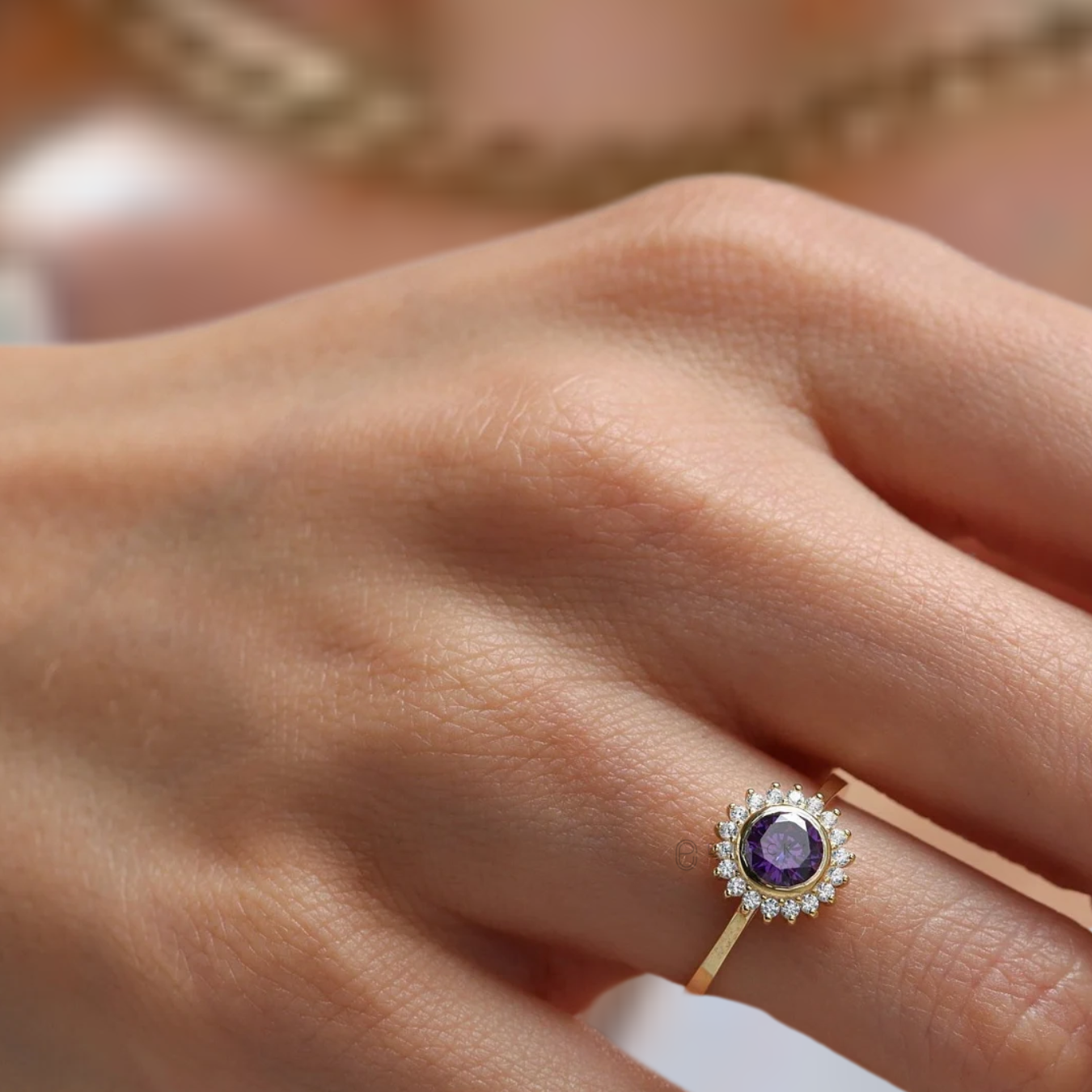 14K Solid Gold Purple Amethyst and Diamond Engagement Ring