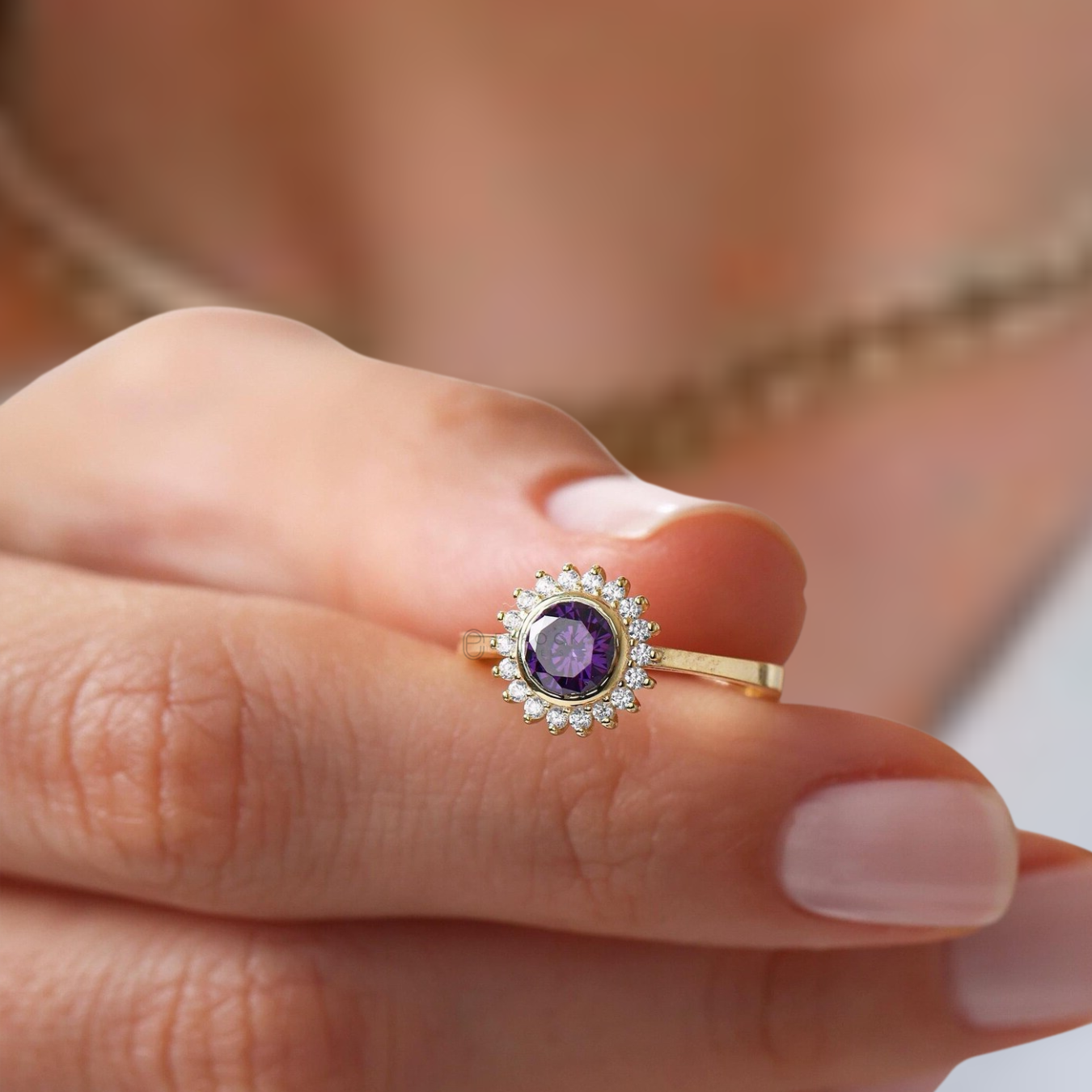 14K Solid Gold Purple Amethyst and Diamond Engagement Ring