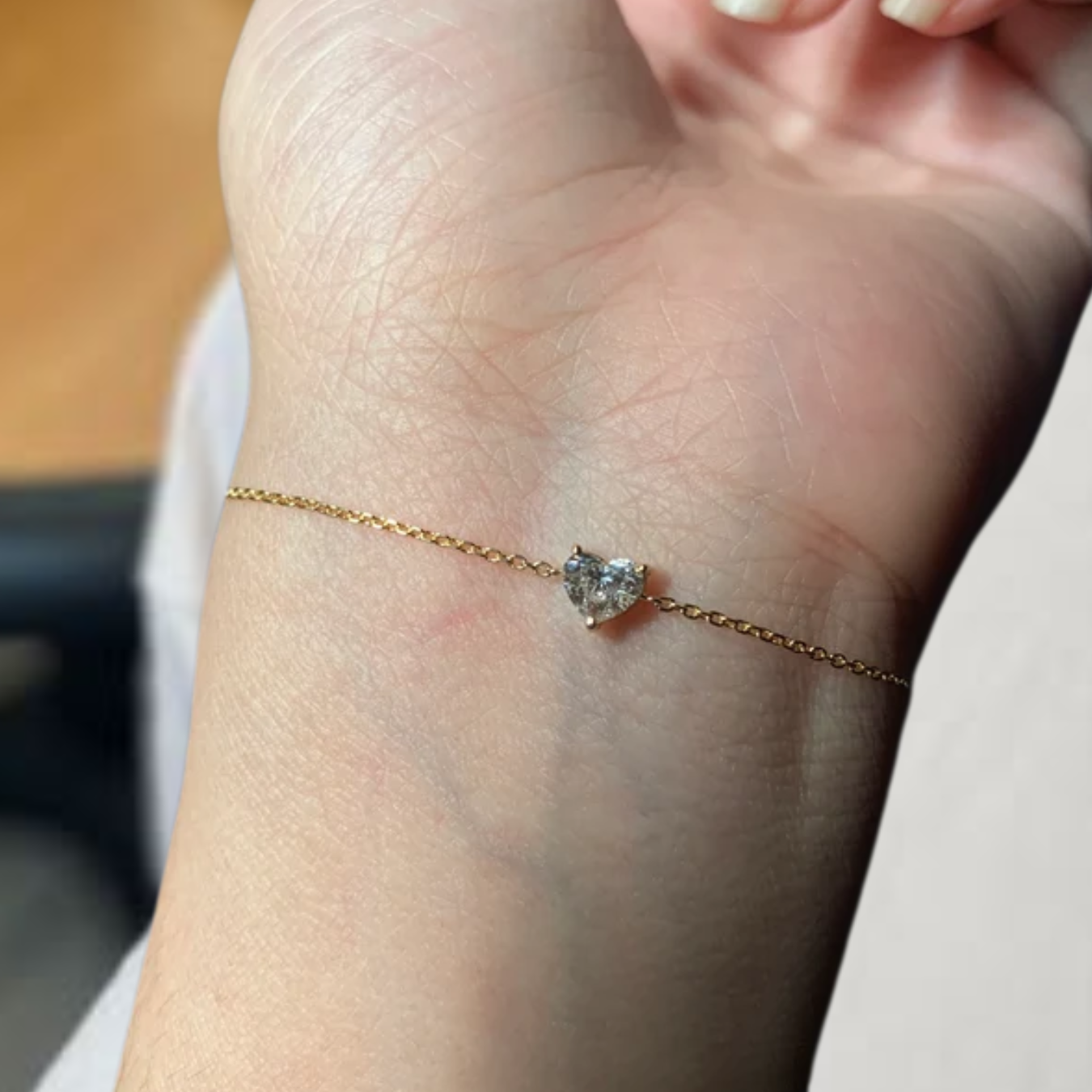 14K Diamond Bracelet, Heart Solitaire, Adjustable Drawstring Chain