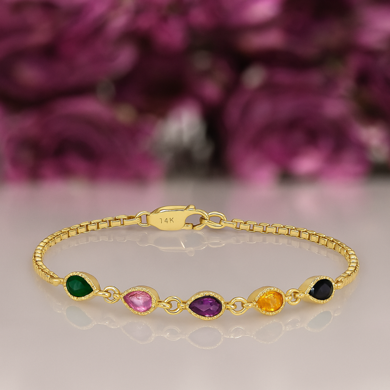 14K Gold Pear Cut Gemstone Bracelet, Pear Cut Multi Birthstone Bracelet.