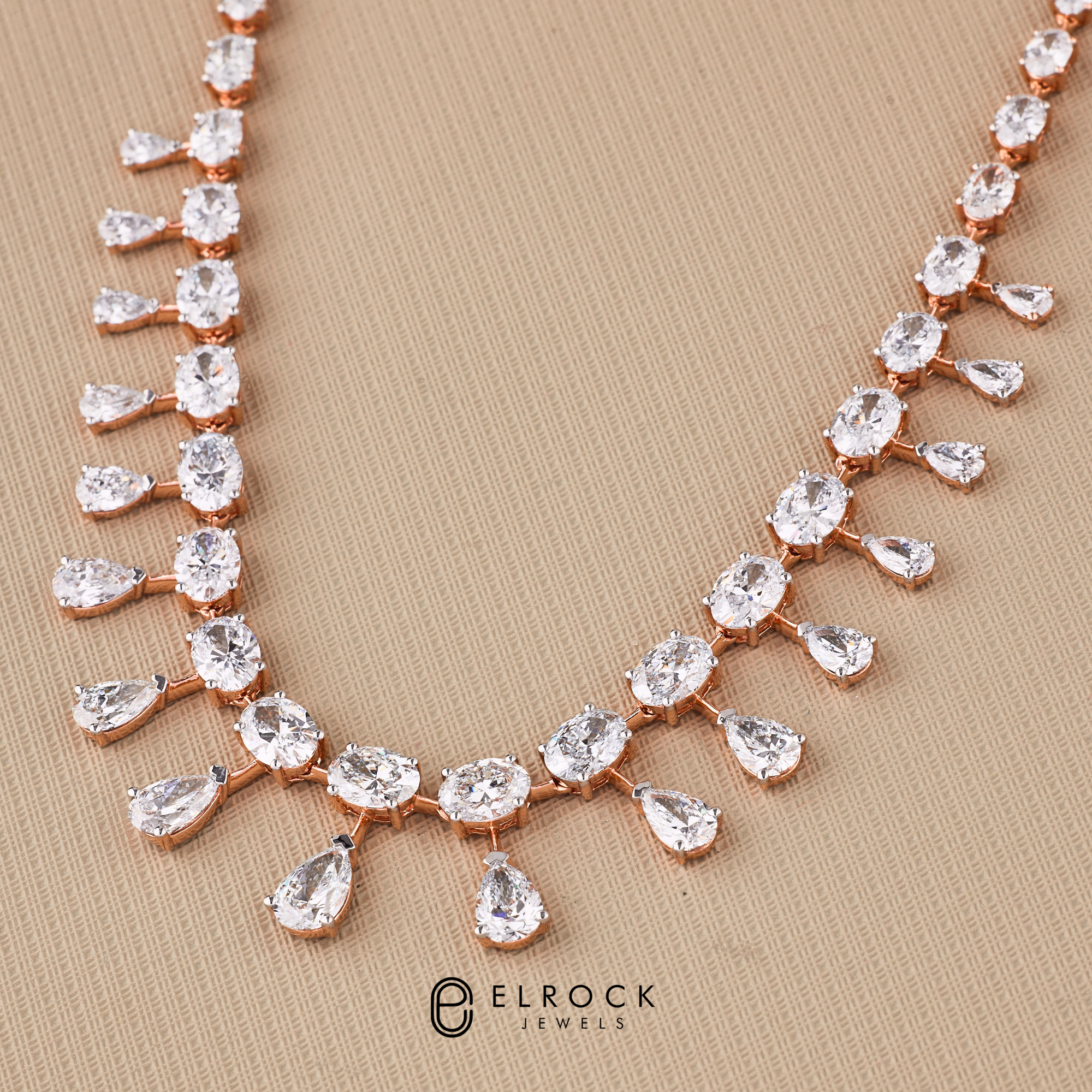 14K Solid Gold Pear & Oval Cut Diamond Tennis Necklace