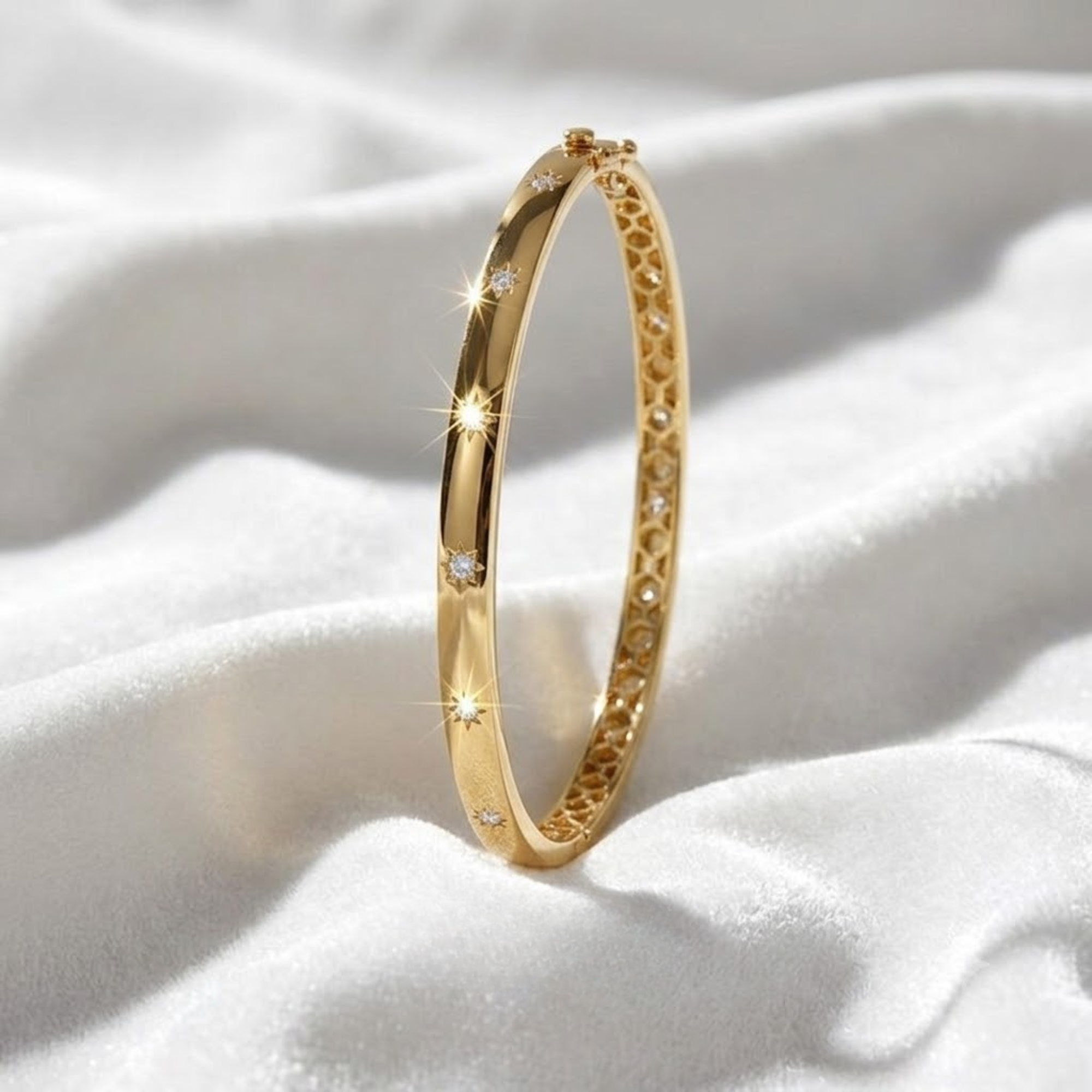 14K Gold Starburst Bracelet, Real Gold Dome Diamond Bracelet Bangle