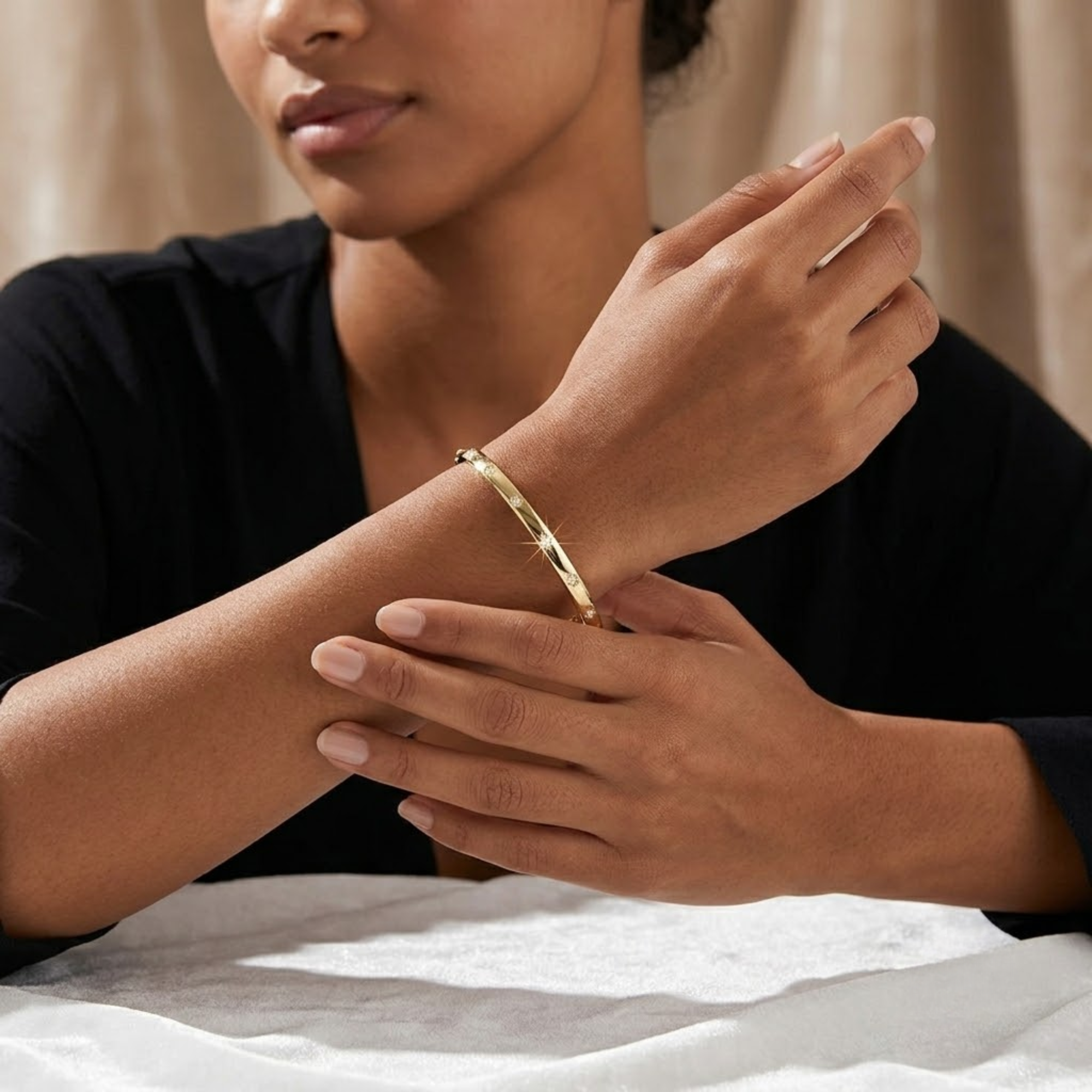 14K Gold Starburst Bracelet, Real Gold Dome Diamond Bracelet Bangle
