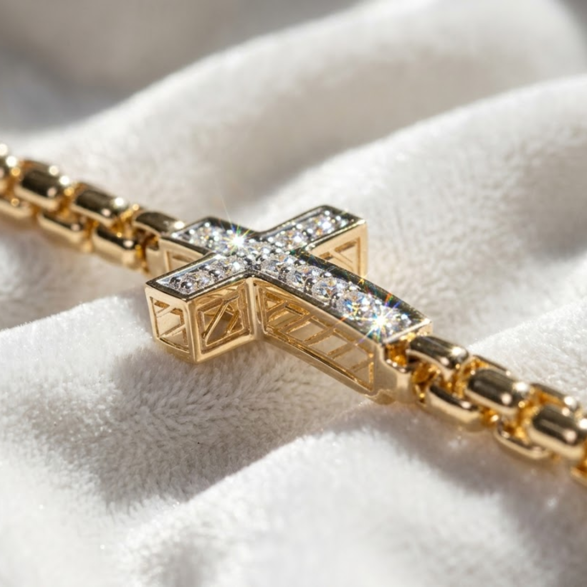 14K Solid Gold Diamond Cross Bracelet Religious Jewelry