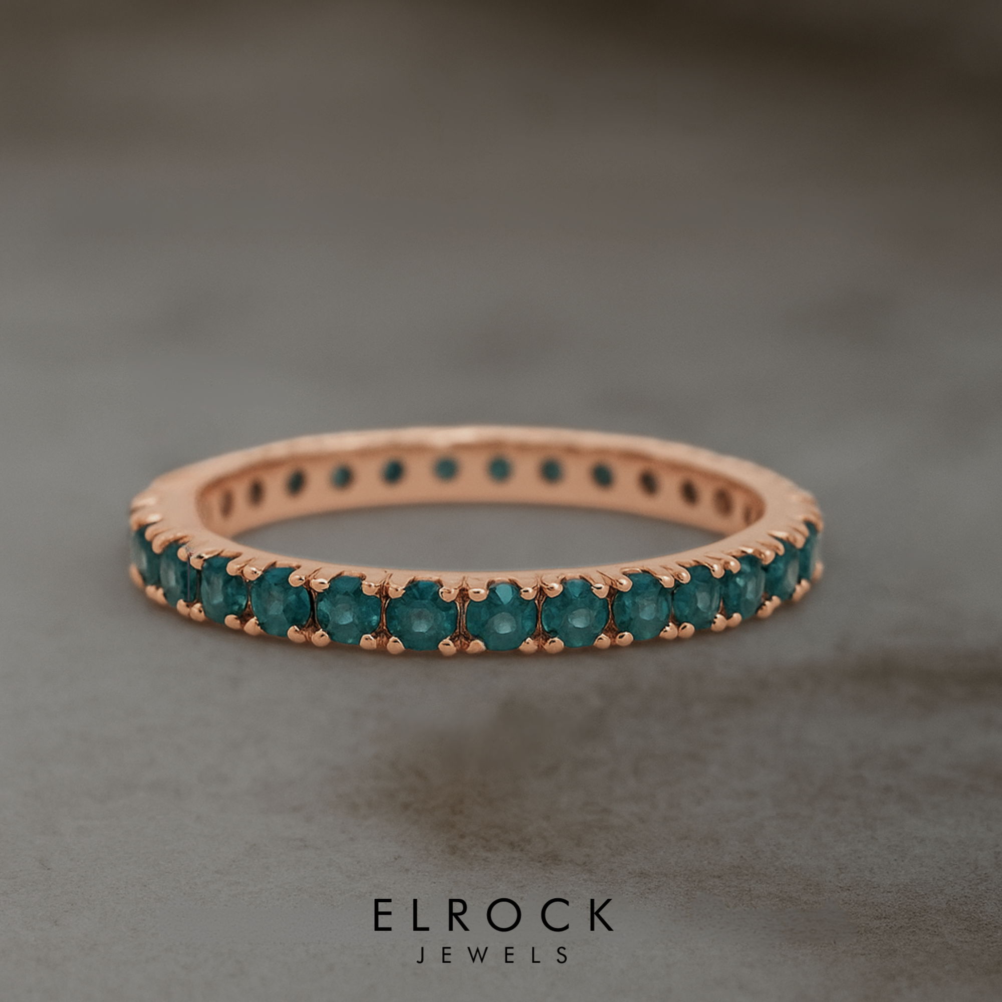 14K Teal Sapphire Ring, Blue Sapphire Full Eternity Band.